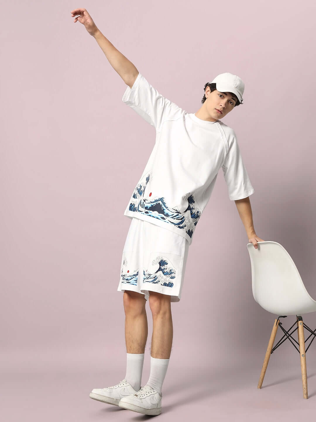Model wearing The Great Wave Printed Co-Ord Set in white, featuring premium cotton French terry fabric. Designed and made in India.