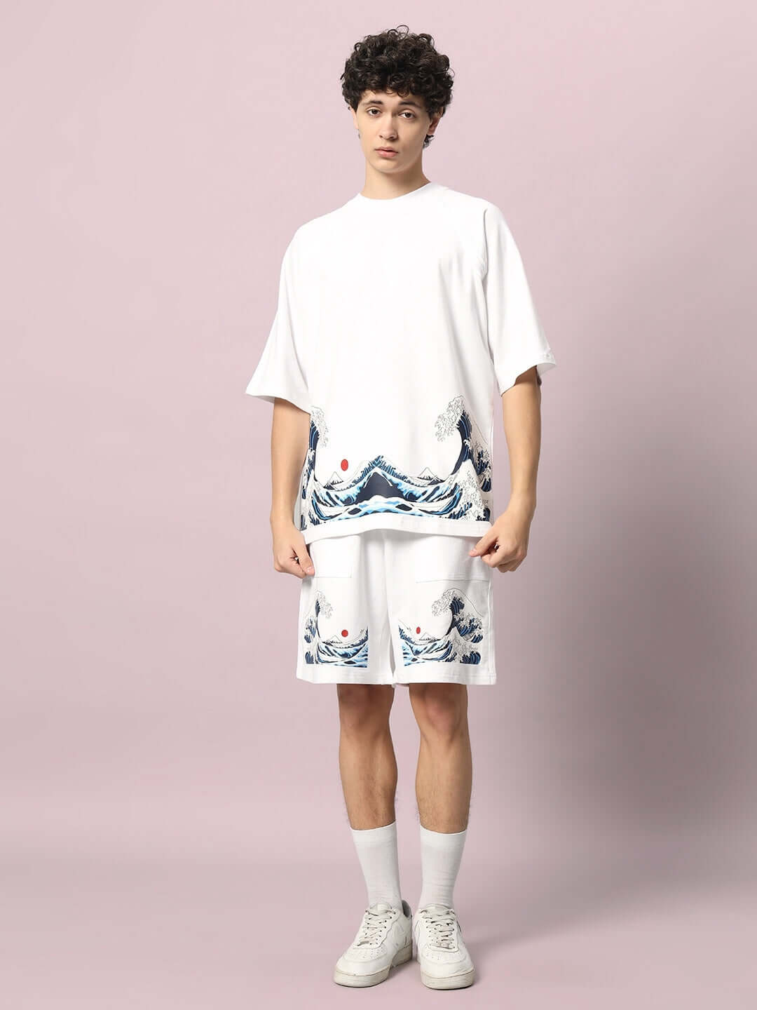 Model wearing The Great Wave Printed Co-ord Set in white, showcasing premium cotton fabric with a wave design, perfect for casual wear.