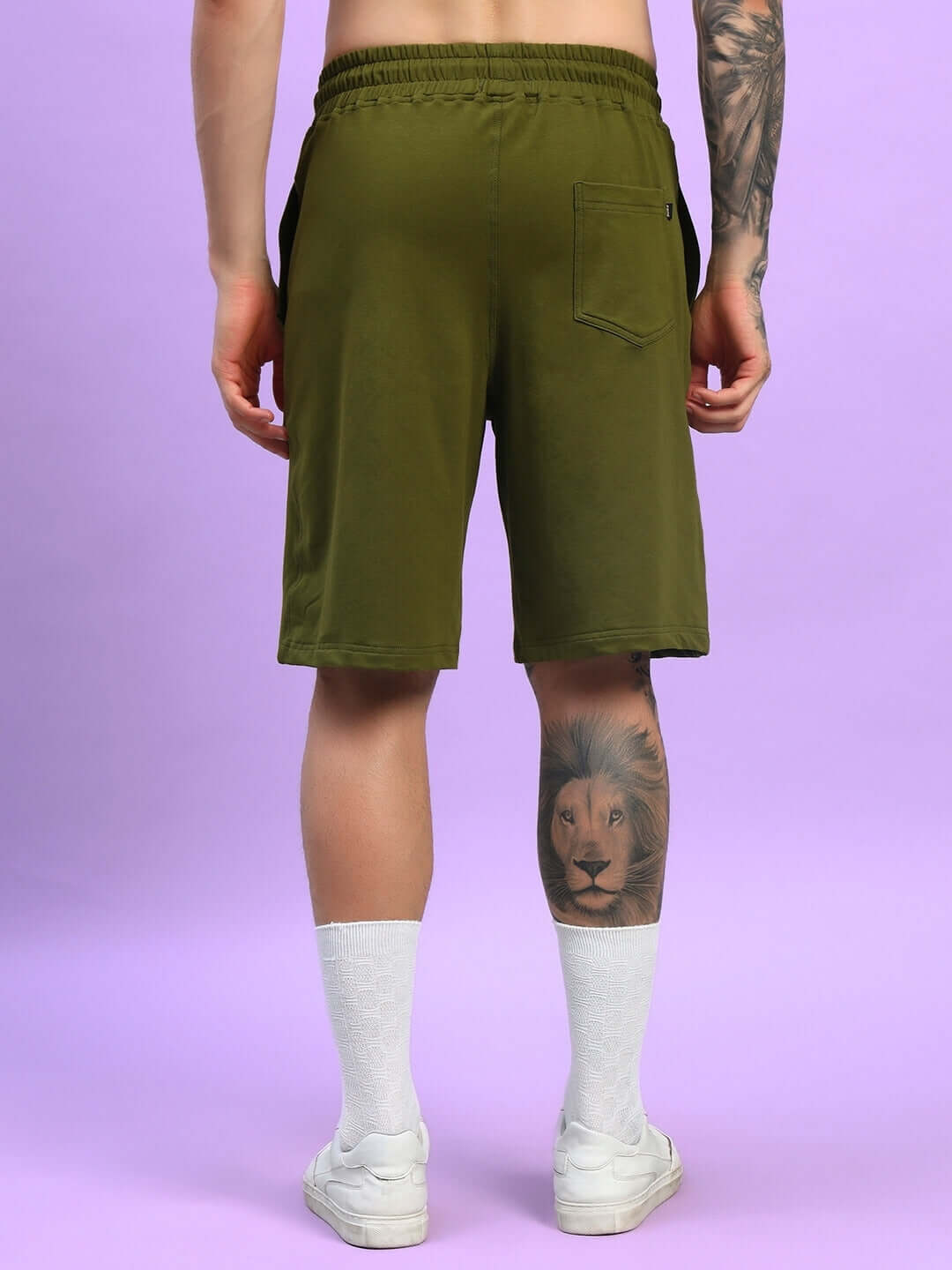 Rear view of Greeble Summer Shorts in Olive Green, featuring a relaxed fit and elastic waistband, ideal for summer fashion.