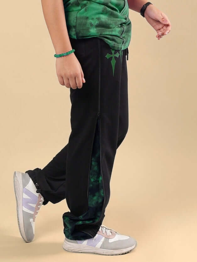 Green zipper panel jogger for boys and girls by DUDS, side view showcasing stylish design and comfortable fit.