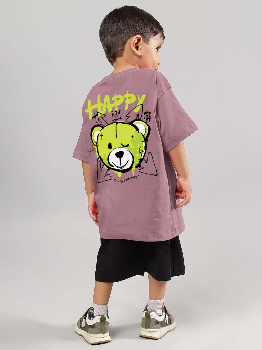 HAPPY DUDS Co-ord for boys & girls in Chinese Violet-Black, featuring a playful bear design on the back, perfect for casual youth fashion.