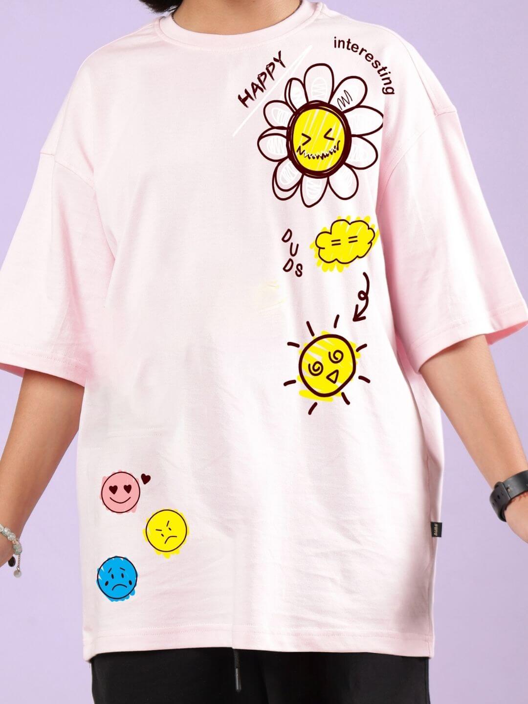 Unisex pink-black co-ord set for kids with playful patterns, featuring happy flower and sun designs on a relaxed-fit top.