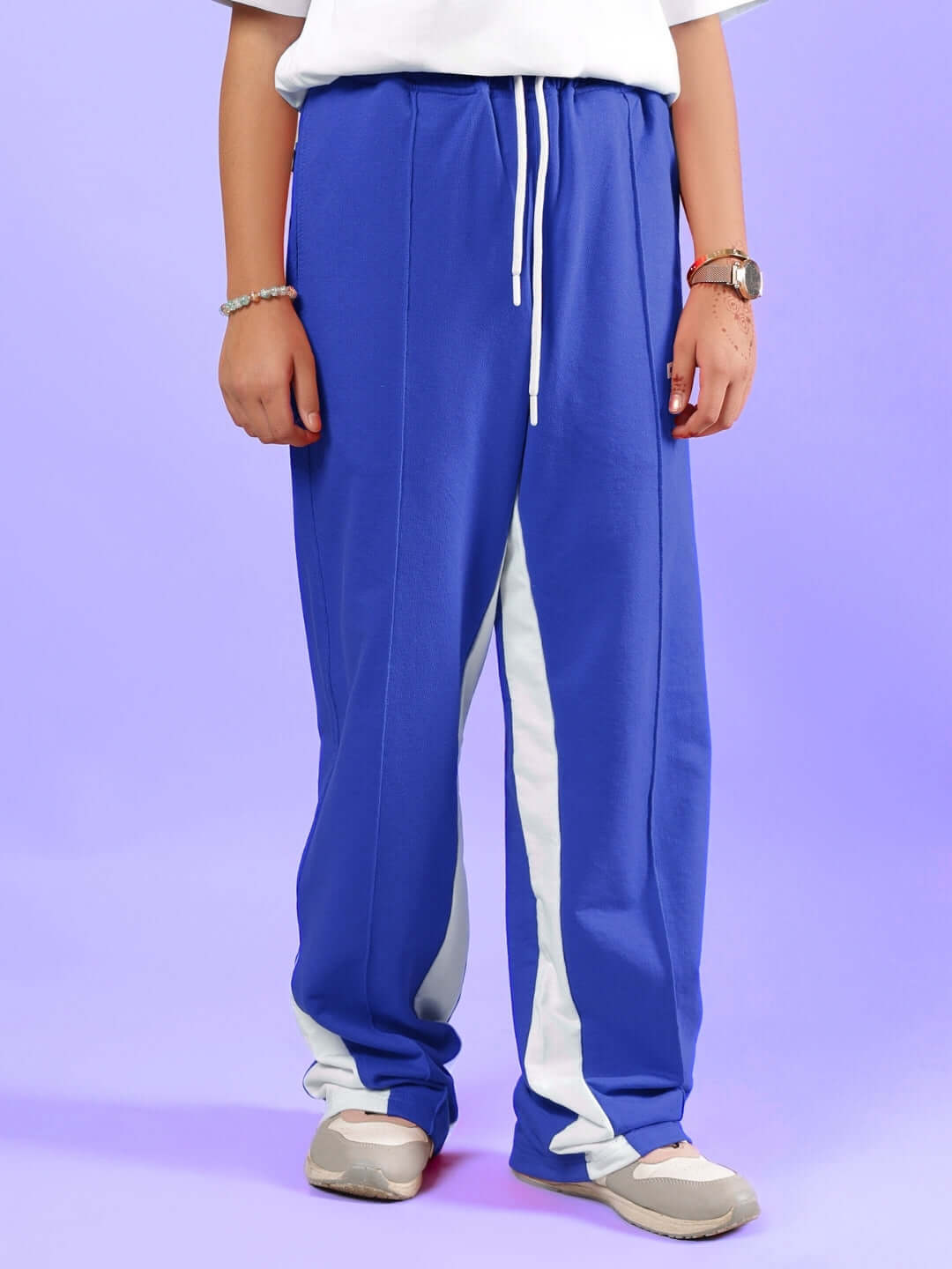 HAPPY VIBES CO-ORD FOR BOYS & GIRLS WHITE-BLUE featuring comfortable blue pants with white stripe detail, perfect for casual outings.