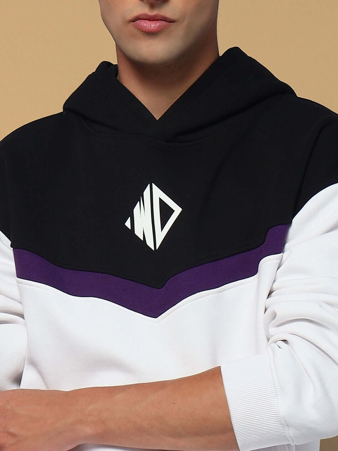 Close-up of HARLEY FLEECE COLORBLOCK HOODIE WHITE PURPLE with modern logo and vibrant colorblock design for streetwear fashion.