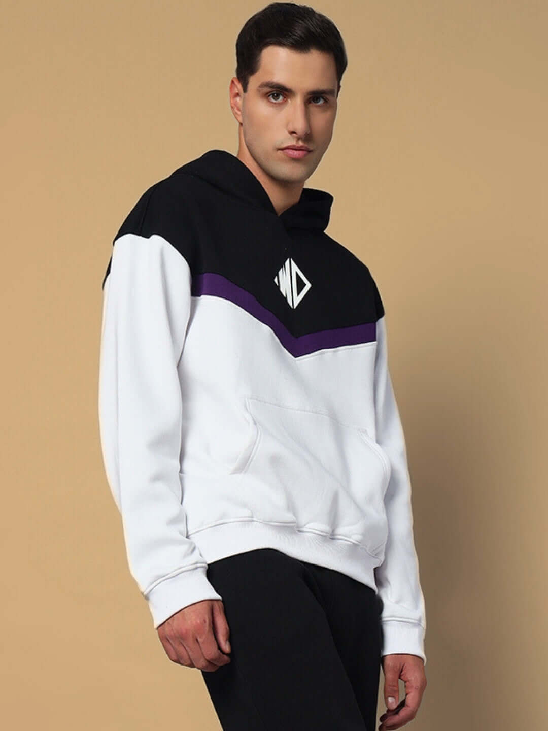 Man wearing HARLEY FLEECE COLORBLOCK HOODIE WHITE PURPLE with stylish colorblock design in white, purple, and black.