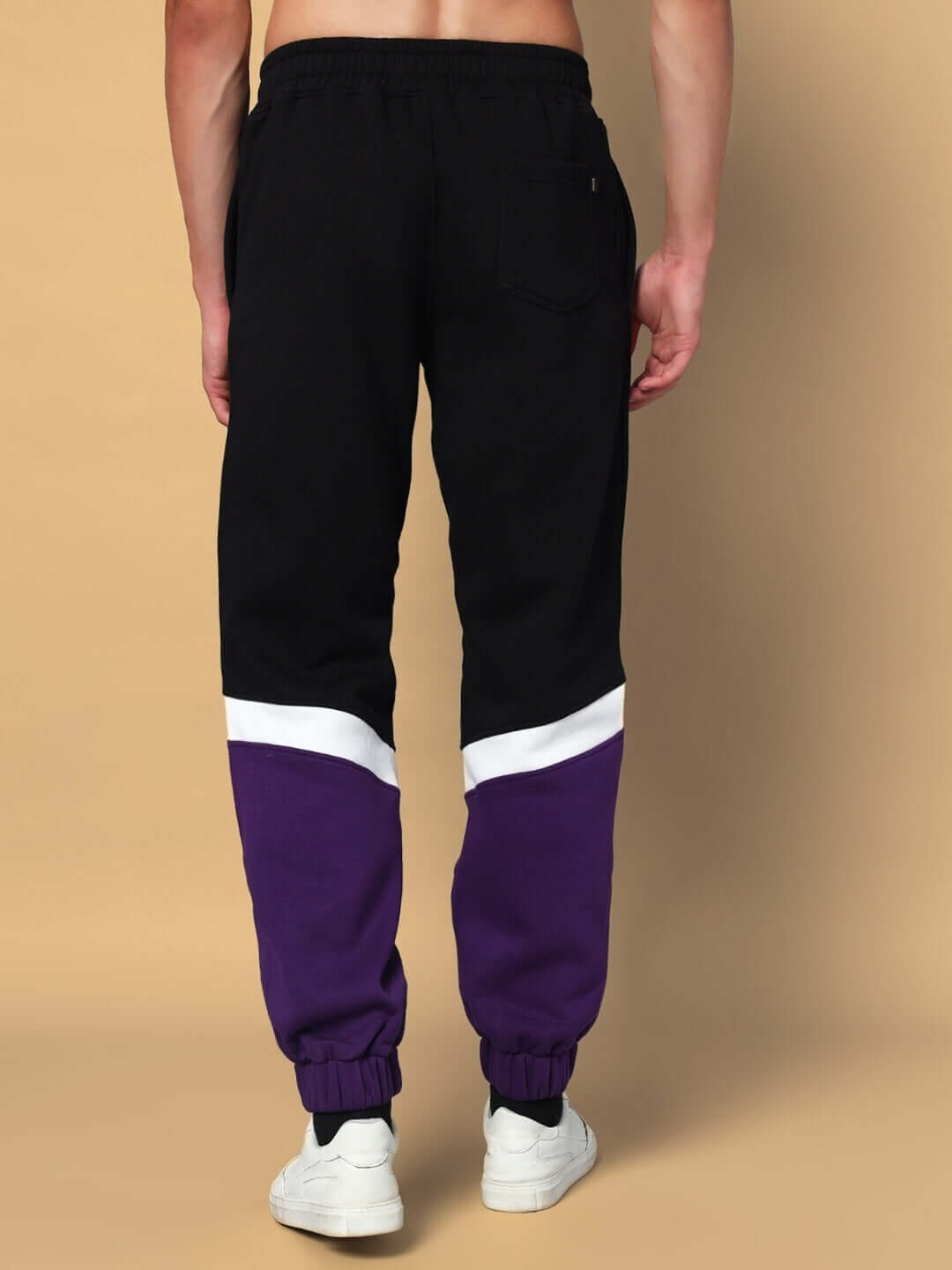 Back view of HARLEY FLEECE COLORBLOCK CO-ORD WHITE PURPLE joggers showcasing colorblock design.