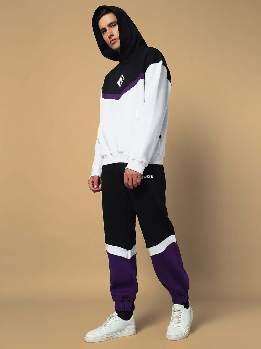 Model wearing HARLEY FLEECE COLORBLOCK HOODIE WHITE PURPLE with black and purple joggers and white sneakers in a stylish pose.
