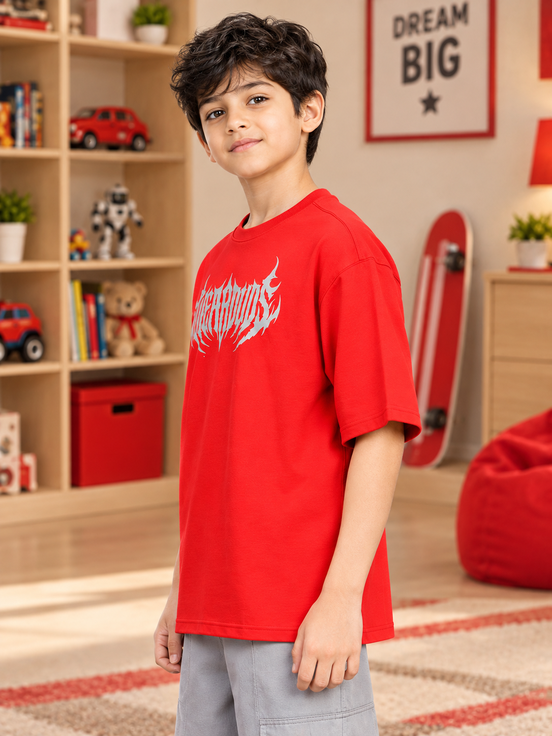 HEAVYWEIGHT OVERSIZED GRAPHIC T-SHIRT FOR BOYS GIRLS RED