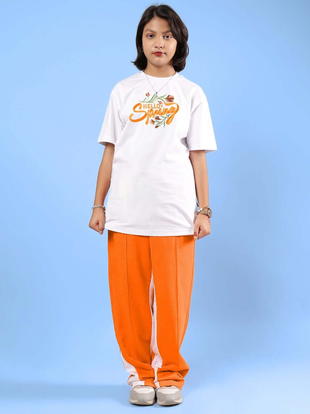 HELLO SPRING CO-ORD FOR BOYS & GIRLS WHITE-ORANGE outfit on model.