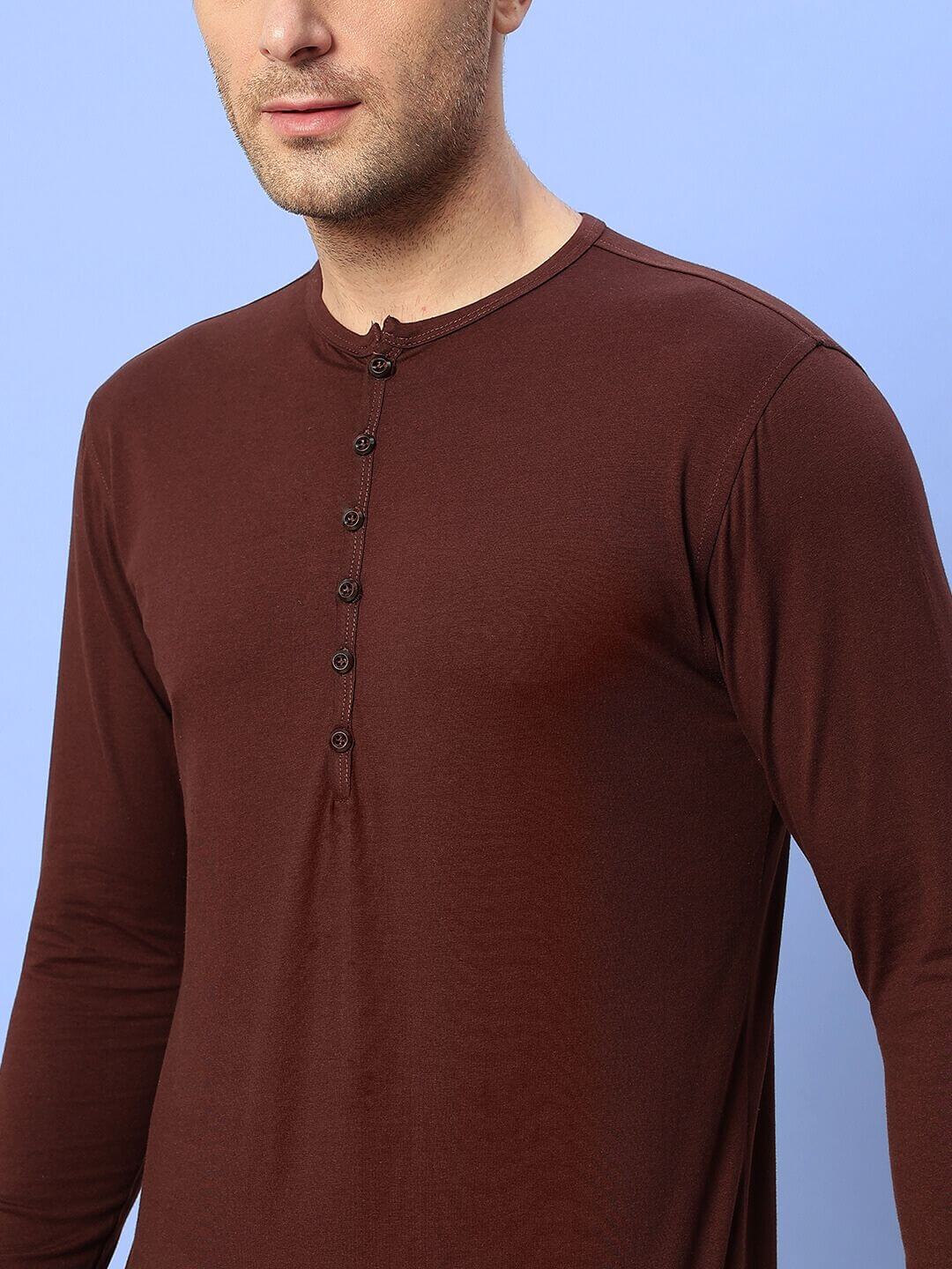 Model wearing HENNY RELAXED FIT CO-ORD SET BROWN-BLACK top showcasing comfortable cotton fabric and button details.