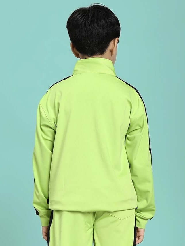 Child wearing HIGH PERFORMANCE JACKET FOR BOYS AND GIRLS NEON GREEN, back view of lightweight durable jacket, perfect for active kids.