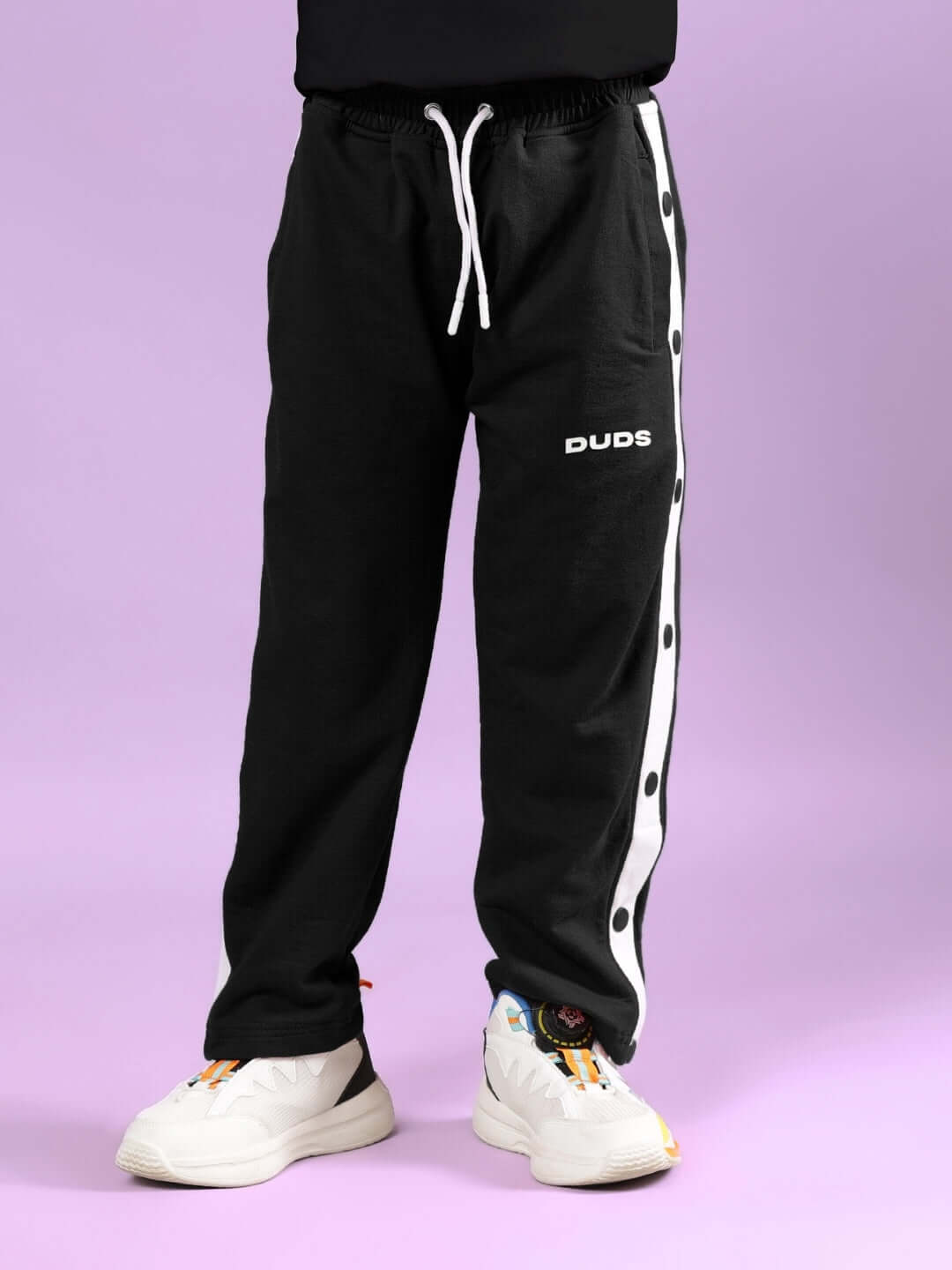 Stylish HIP HOP TEDDY CO-ORD FOR BOYS & GIRLS BLACK pants with white stripe and button details by Duds.