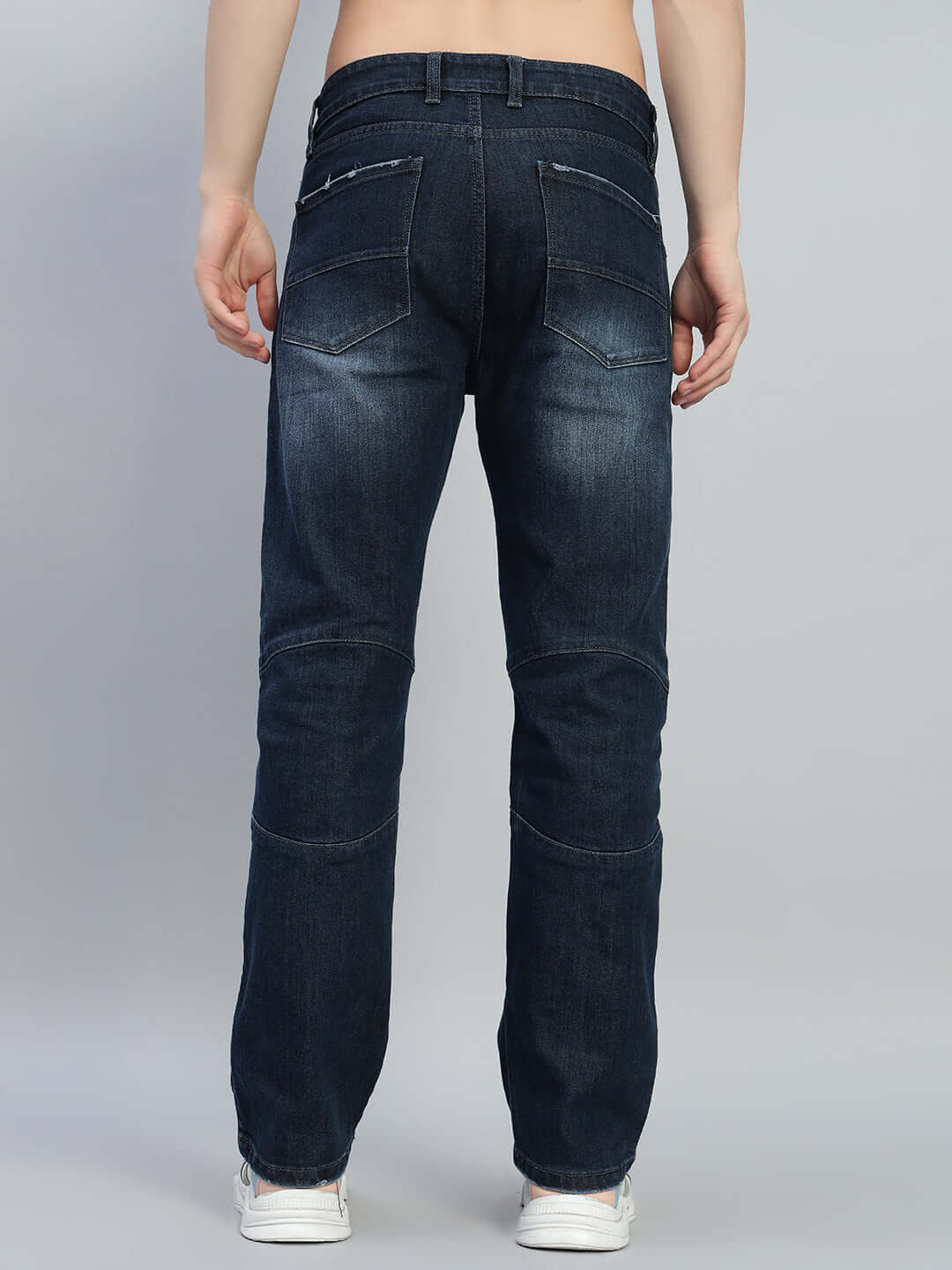 Back view of Hippie Blue Regular Fit Denim Jeans, showcasing pockets and fit.