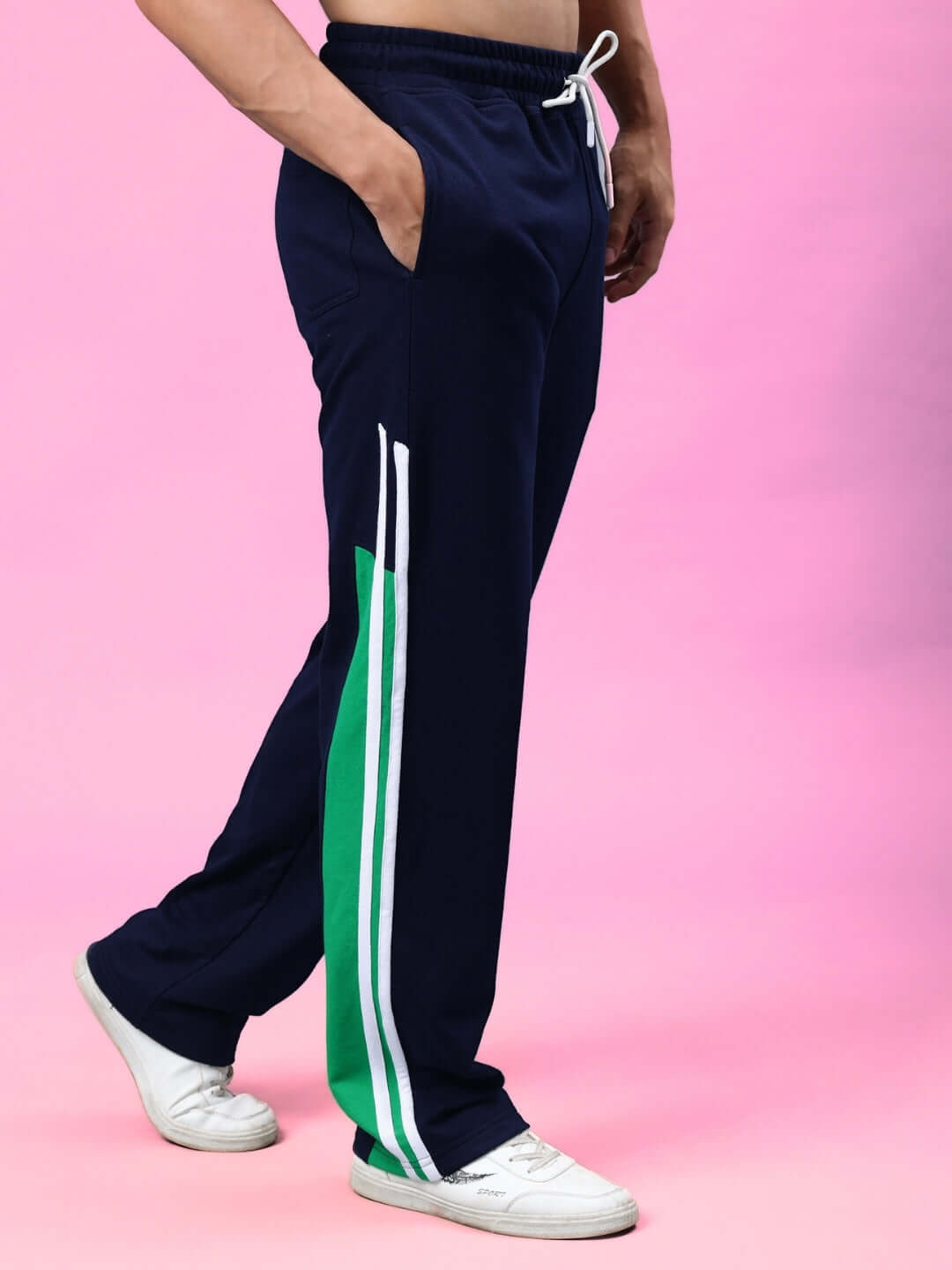 Hoofer Contrast Joggers in navy blue with green side stripes, featuring an elastic waistband and white drawstring, perfect for casual wear.