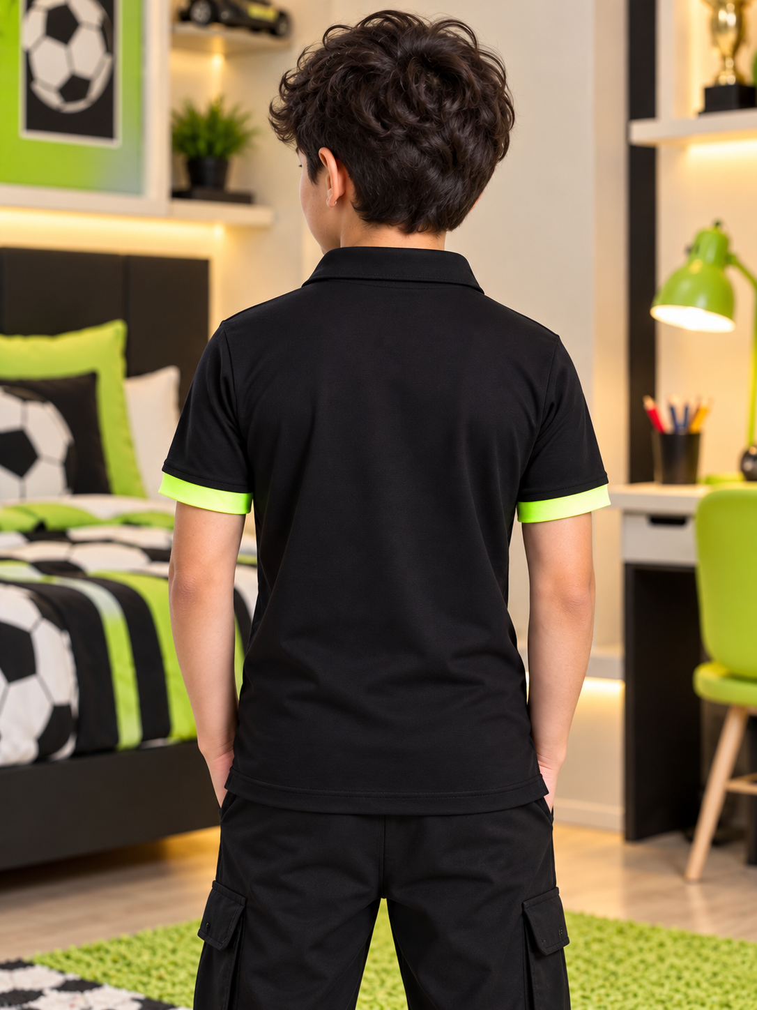 Black reflector polo t-shirt for kids with neon green sleeve accents, back view – Hookup by WEARDUDS