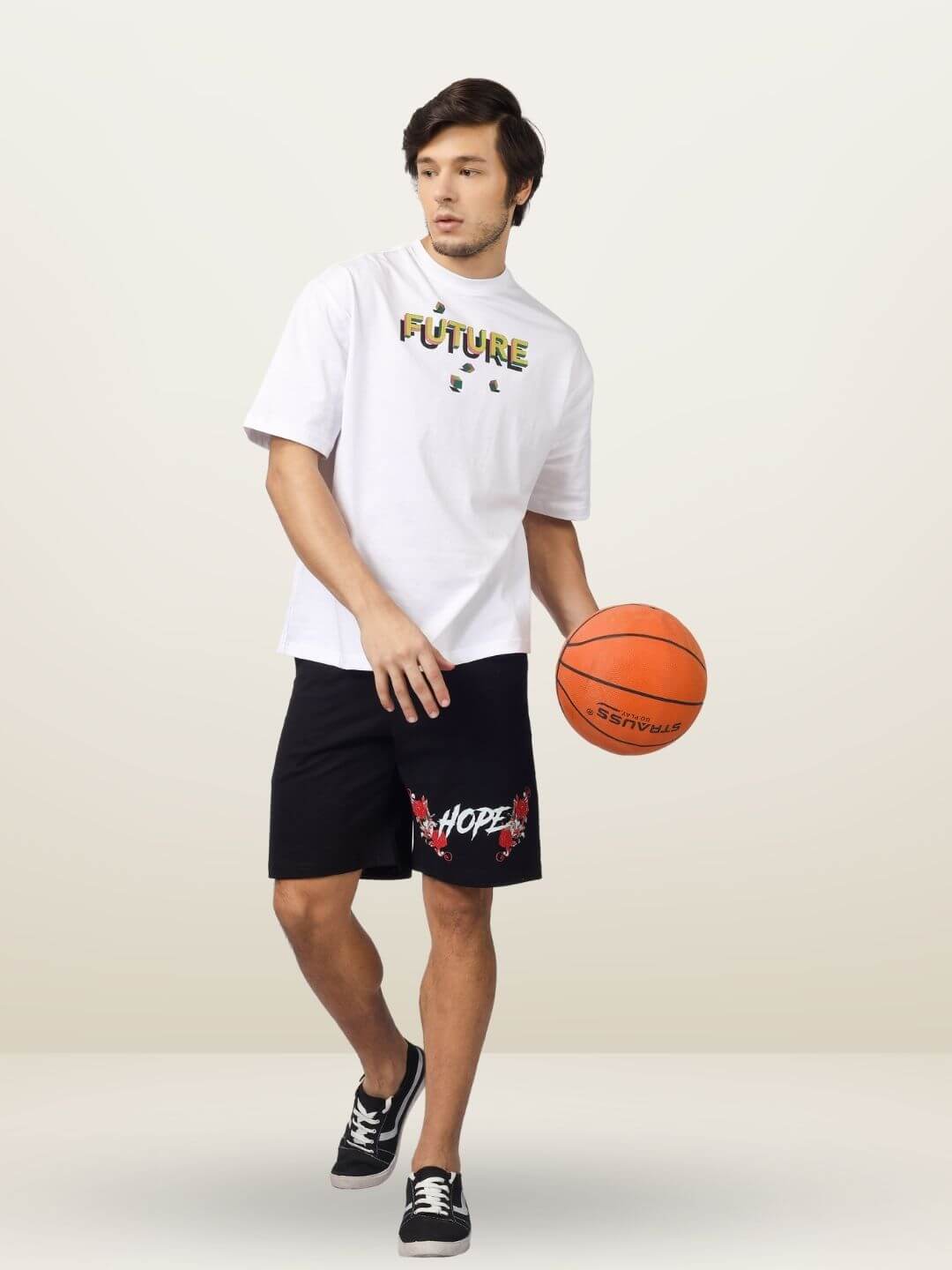 Model wearing HOPE Regular Fit Black Shorts with basketball, showcasing sporty casual style.