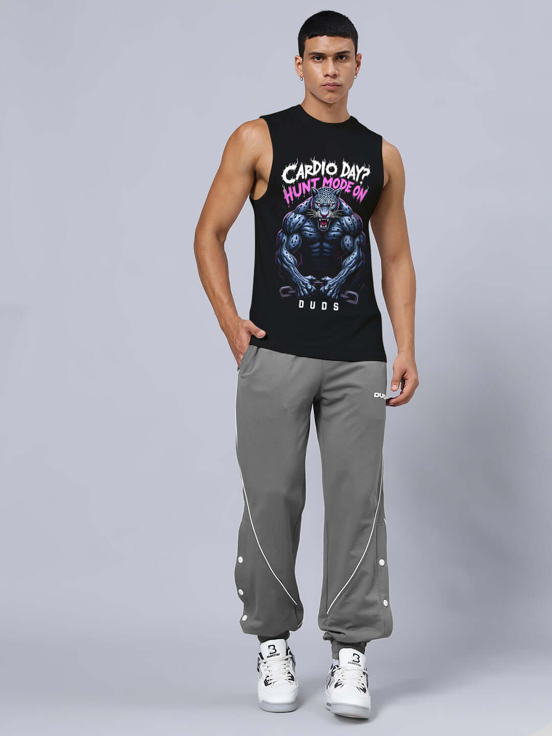 HUNT MODE PRINTED GYM RELAXED FIT CO-ORD SET BLACK-GREY for athletes, featuring bold graphic on tank top and sleek grey pants.