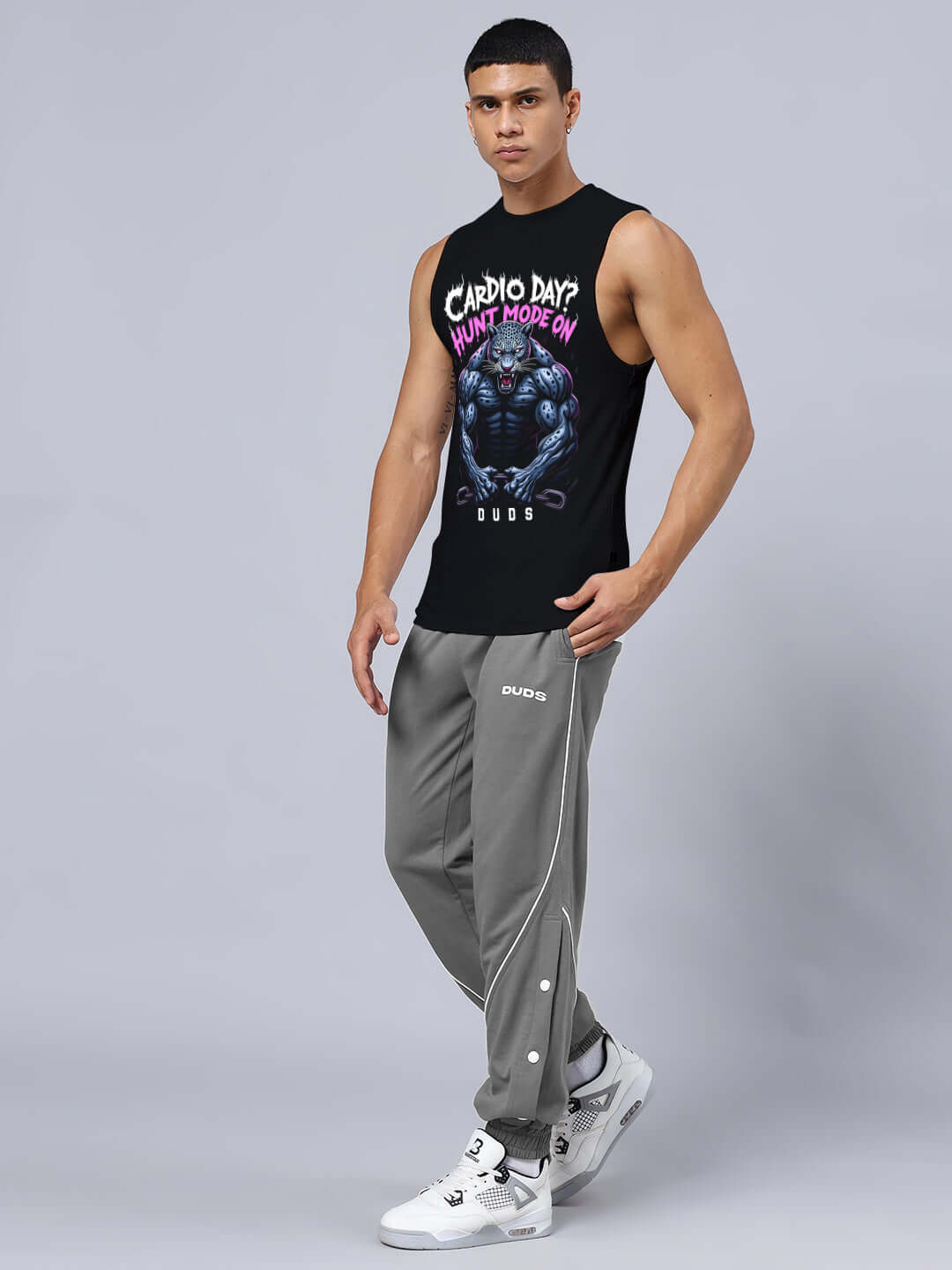 Hunt Mode Printed Gym Relaxed Fit Co-Ord Set Black-Grey for athletic performance and modern style.