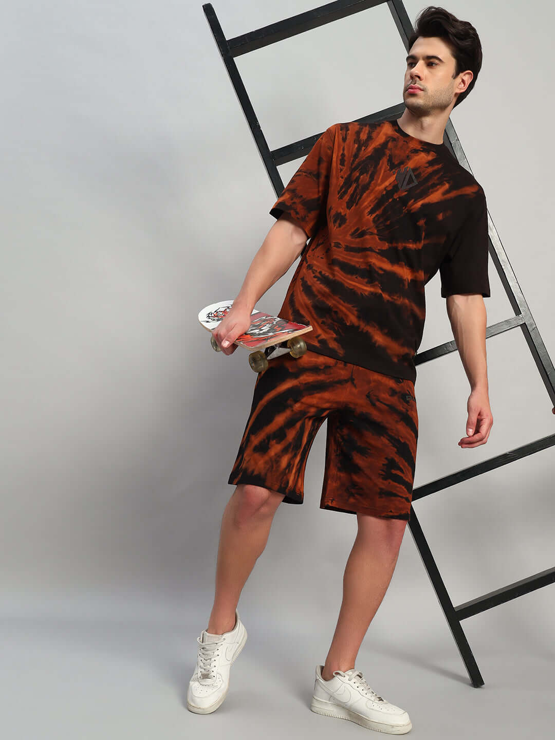 Hustler black tie-dye co-ord set with skateboard, featuring premium cotton terry fabric, 220 GSM, India-made.