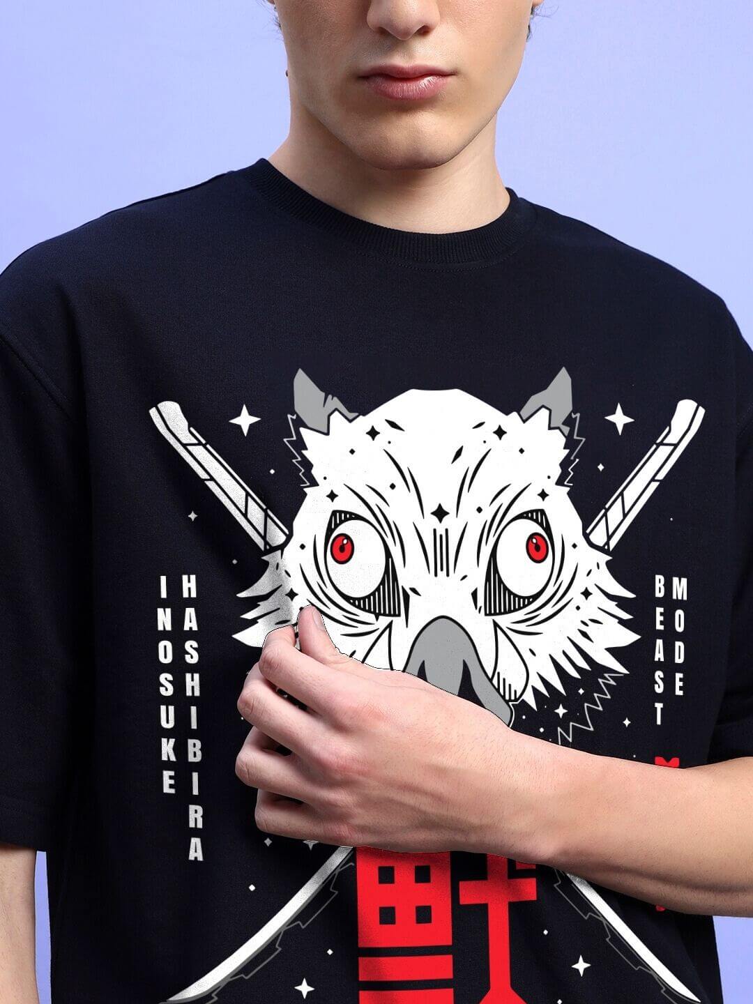 Close-up of person wearing INOSUKE PRINT OVERSIZED T-SHIRT BLACK with bold anime graphic of Inosuke from Demon Slayer.