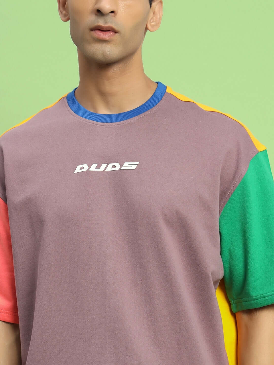 Model wearing Iris Color Blocked Oversized T-Shirt in multi-colors, featuring premium cotton fabric, displayed against a green background.