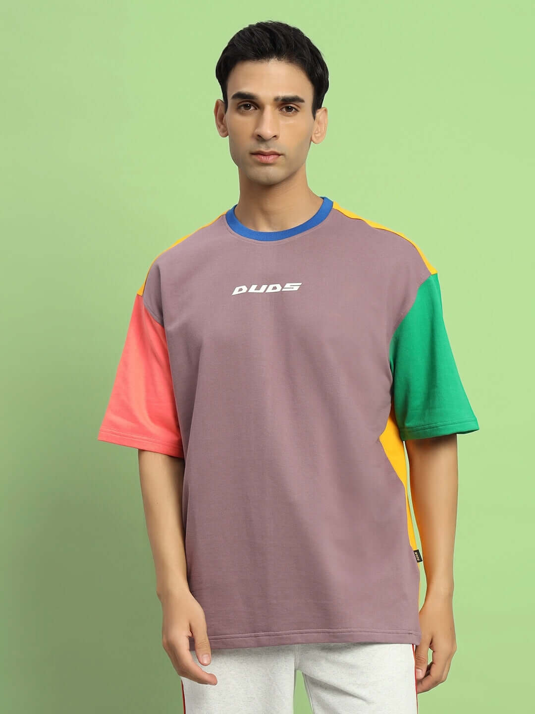 Model wearing Iris Color Blocked Oversized T-Shirt in multi-color design with premium cotton fabric, displayed against a green background.