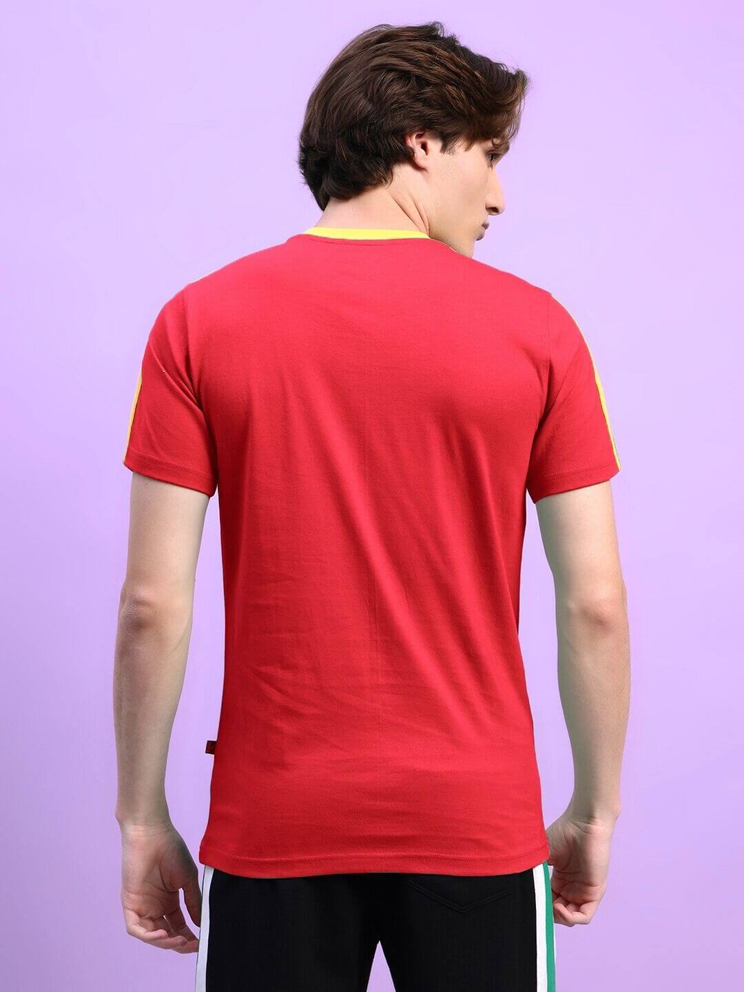 Back view of a person wearing the Irish Regular Fit T-Shirt in red, highlighting the vibrant color and crew neck design.