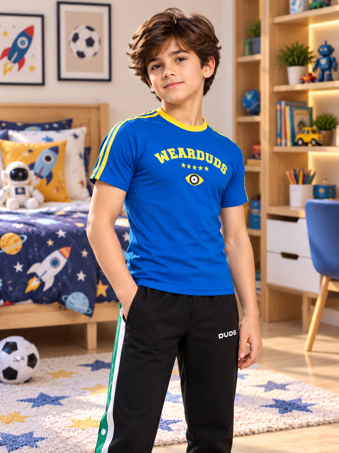 IRISH REGULAR FIT T-SHIRT FOR BOYS GIRLS BLUE worn by boy in space-themed bedroom