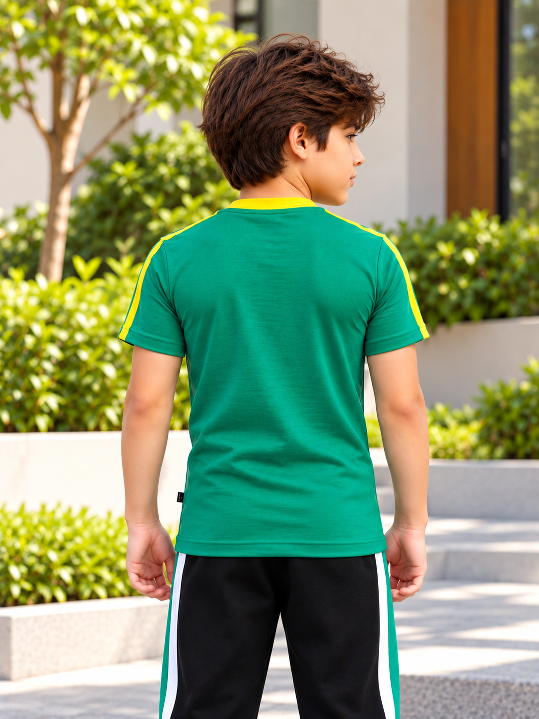 IRISH REGULAR FIT T-SHIRT FOR BOYS GIRLS GREEN worn outdoors, back view showing yellow stripe detailing
