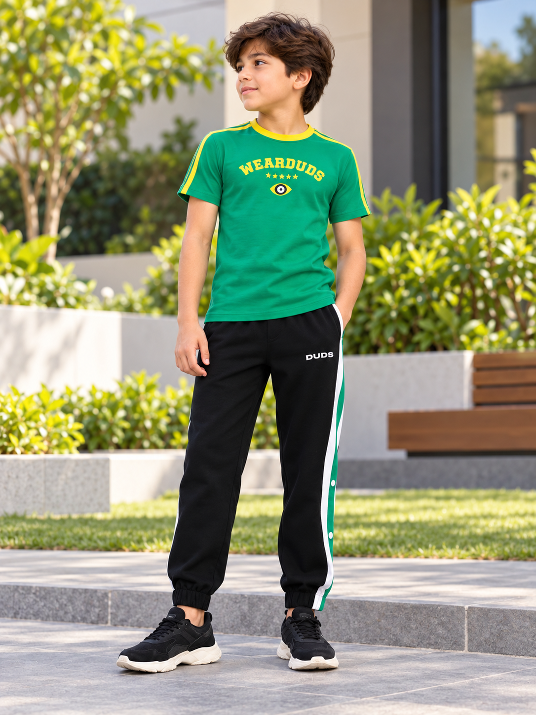 IRISH REGULAR FIT T-SHIRT FOR BOYS GIRLS GREEN worn by boy outdoors with black joggers
