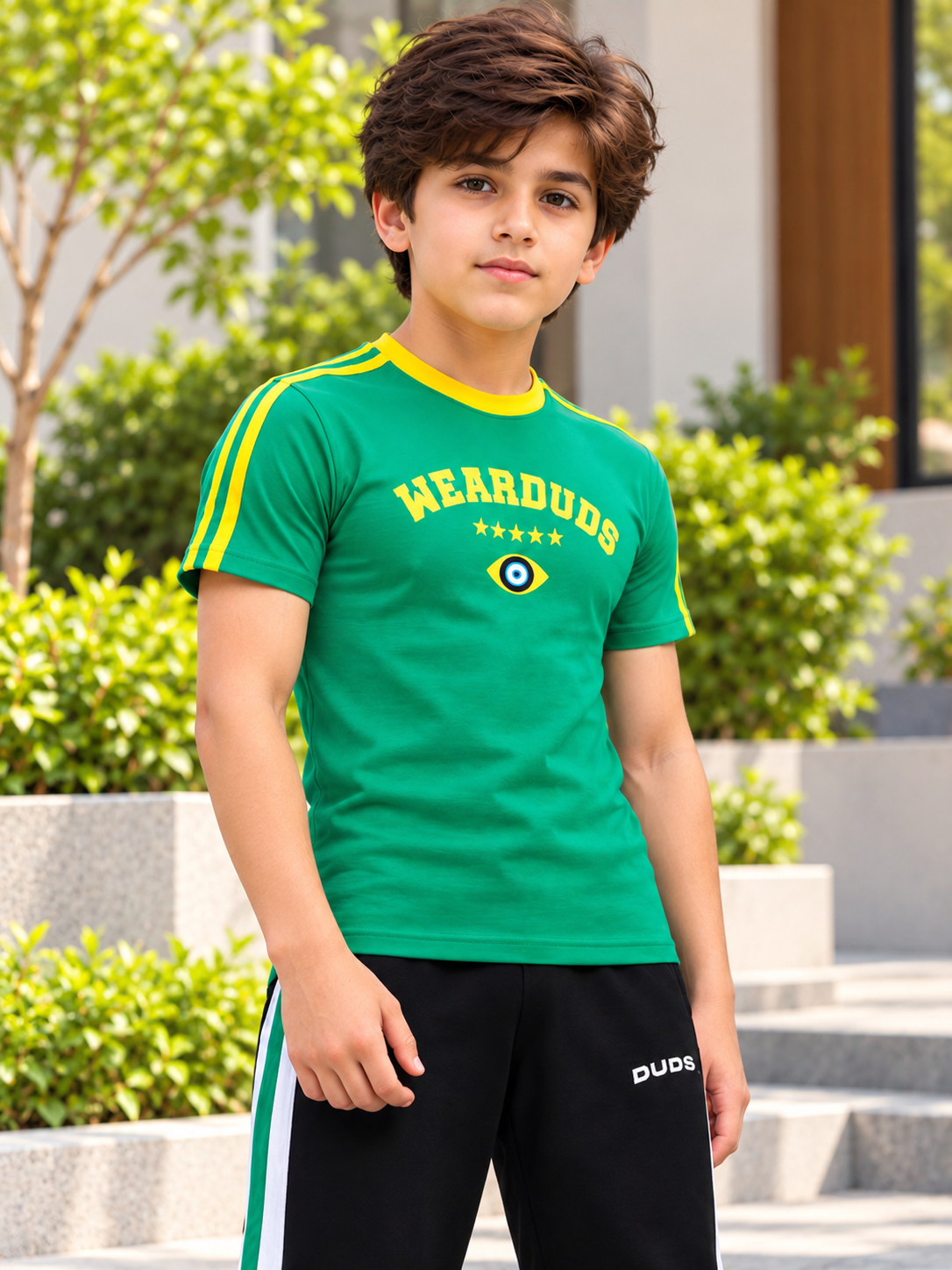 IRISH REGULAR FIT T-SHIRT FOR BOYS GIRLS GREEN worn by a boy outdoors with yellow stripe details