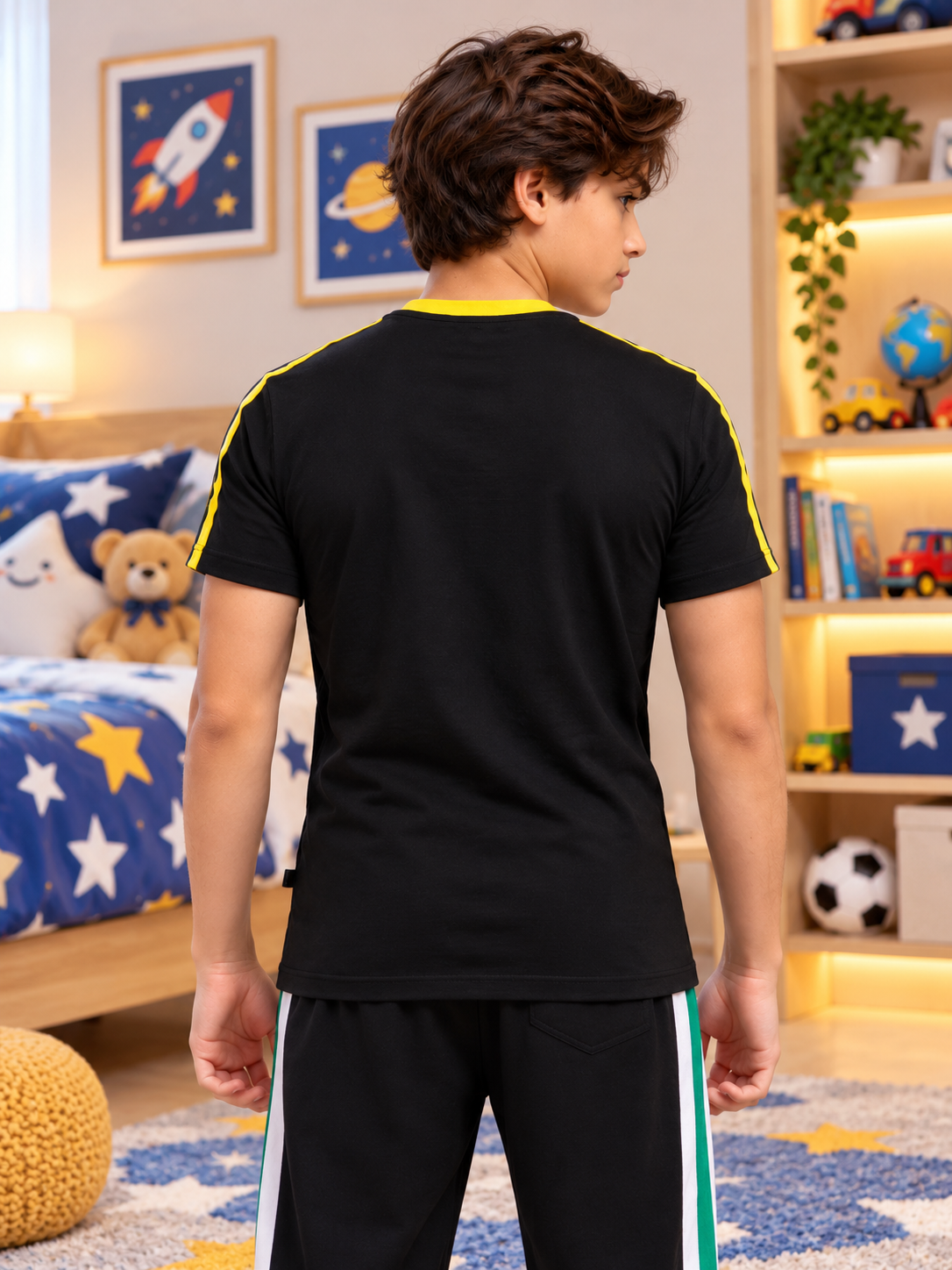 IRISH REGULAR FIT T-SHIRT FOR BOYS GIRLS ROYAL BLACK worn by a boy in bedroom, back view showing yellow trim detail