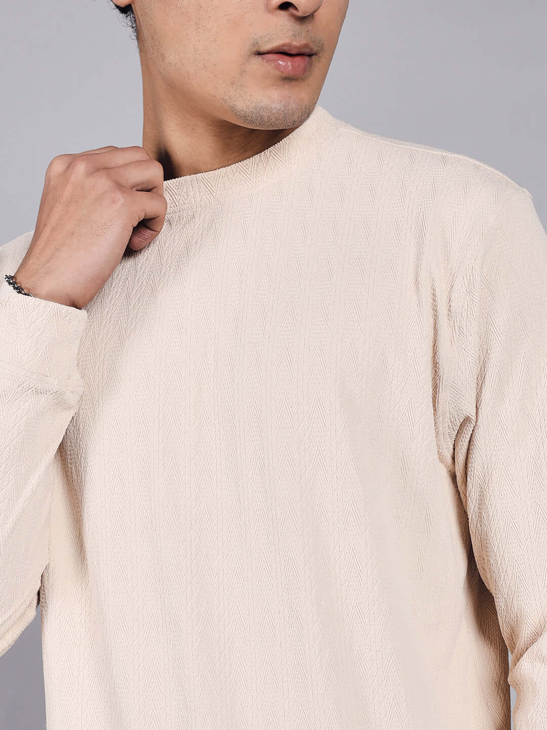 Cream JACOB sweatshirt made with premium heavy gauge jacquard lycra fabric, stylish and comfortable for casual wear.