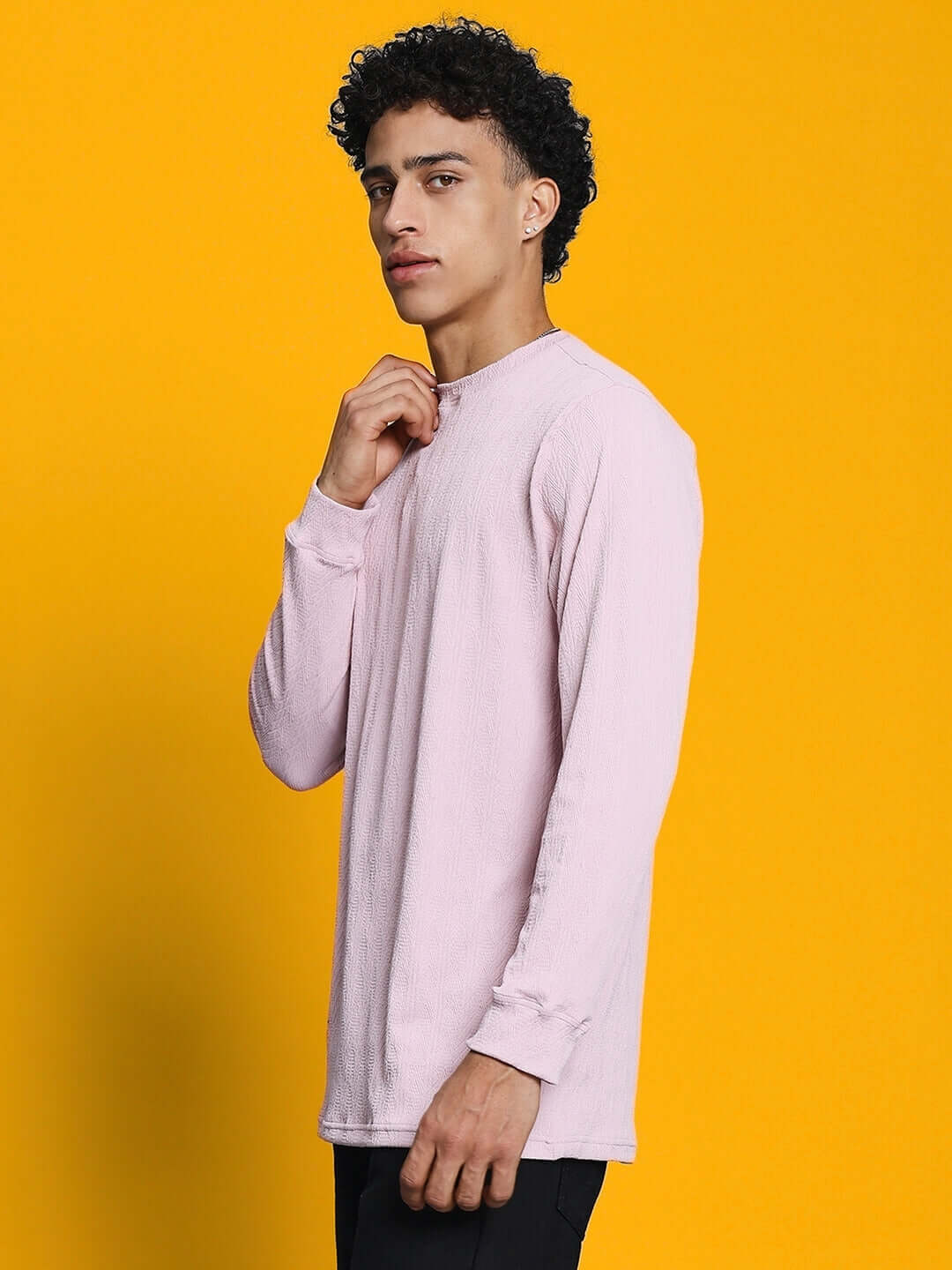 Model wearing JACOB SWEATSHIRT in pink, crafted from premium heavy gauge jacquard lycra fabric. Ideal for stylish comfort.