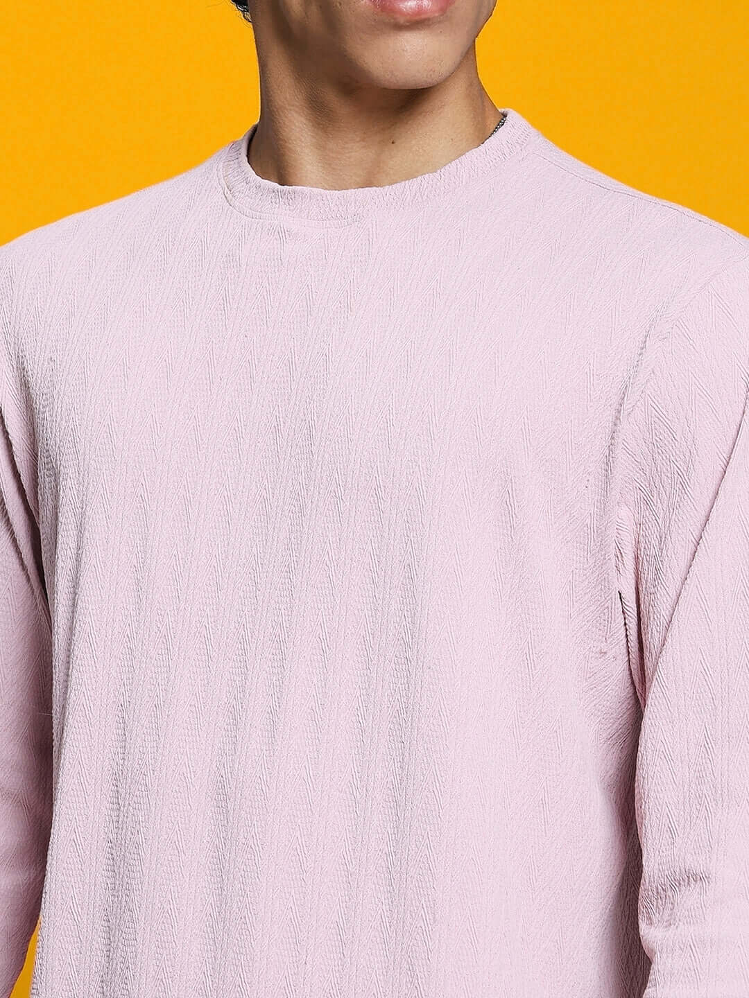 Close-up of pink JACOB sweatshirt made from premium heavy gauge Jacquard Lycra fabric, ideal for cold machine wash.