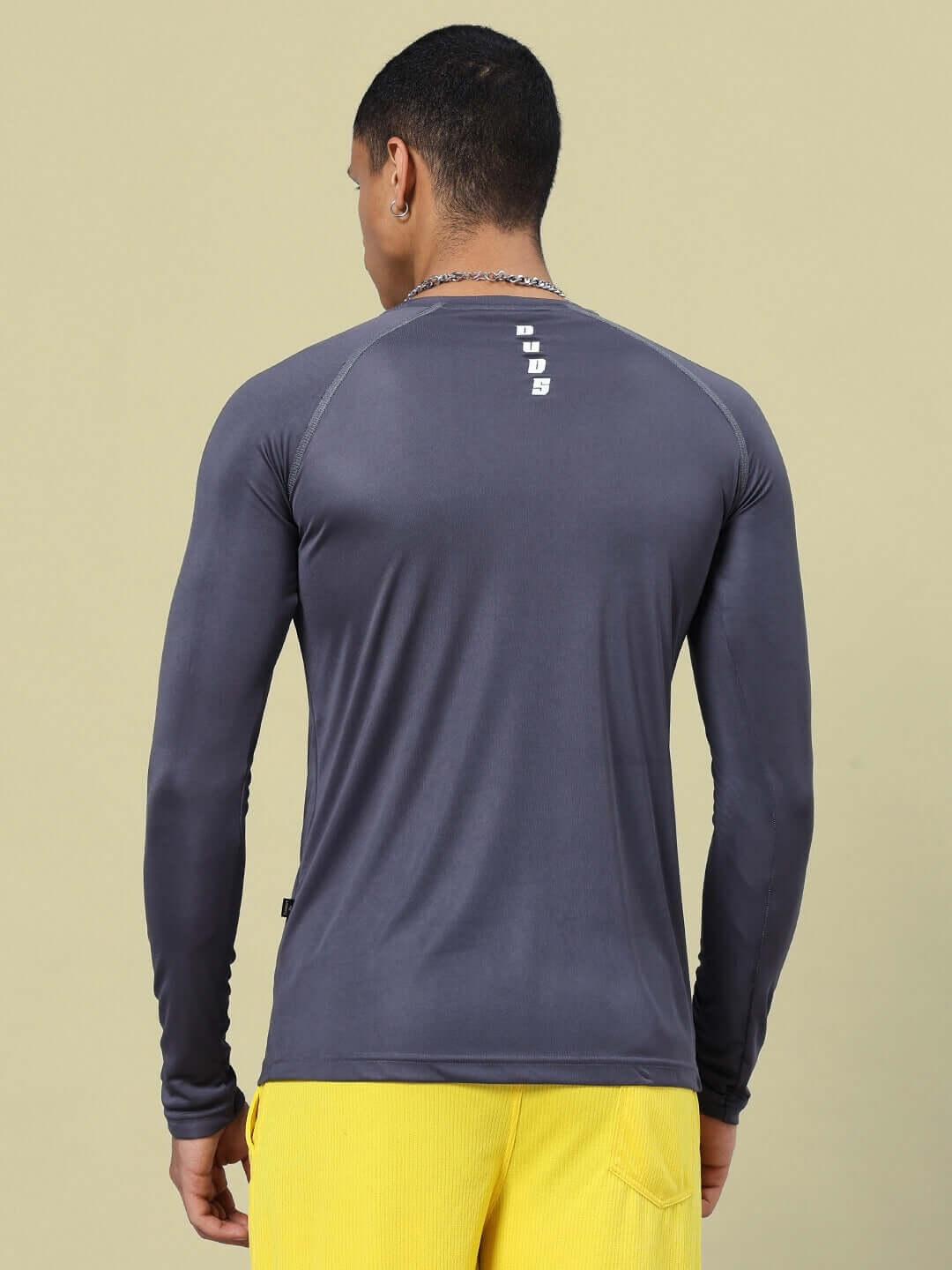 Back view of JAMES REGULAR FIT T-SHIRT GREY made from sports polyester fabric, ideal for casual and athletic wear.