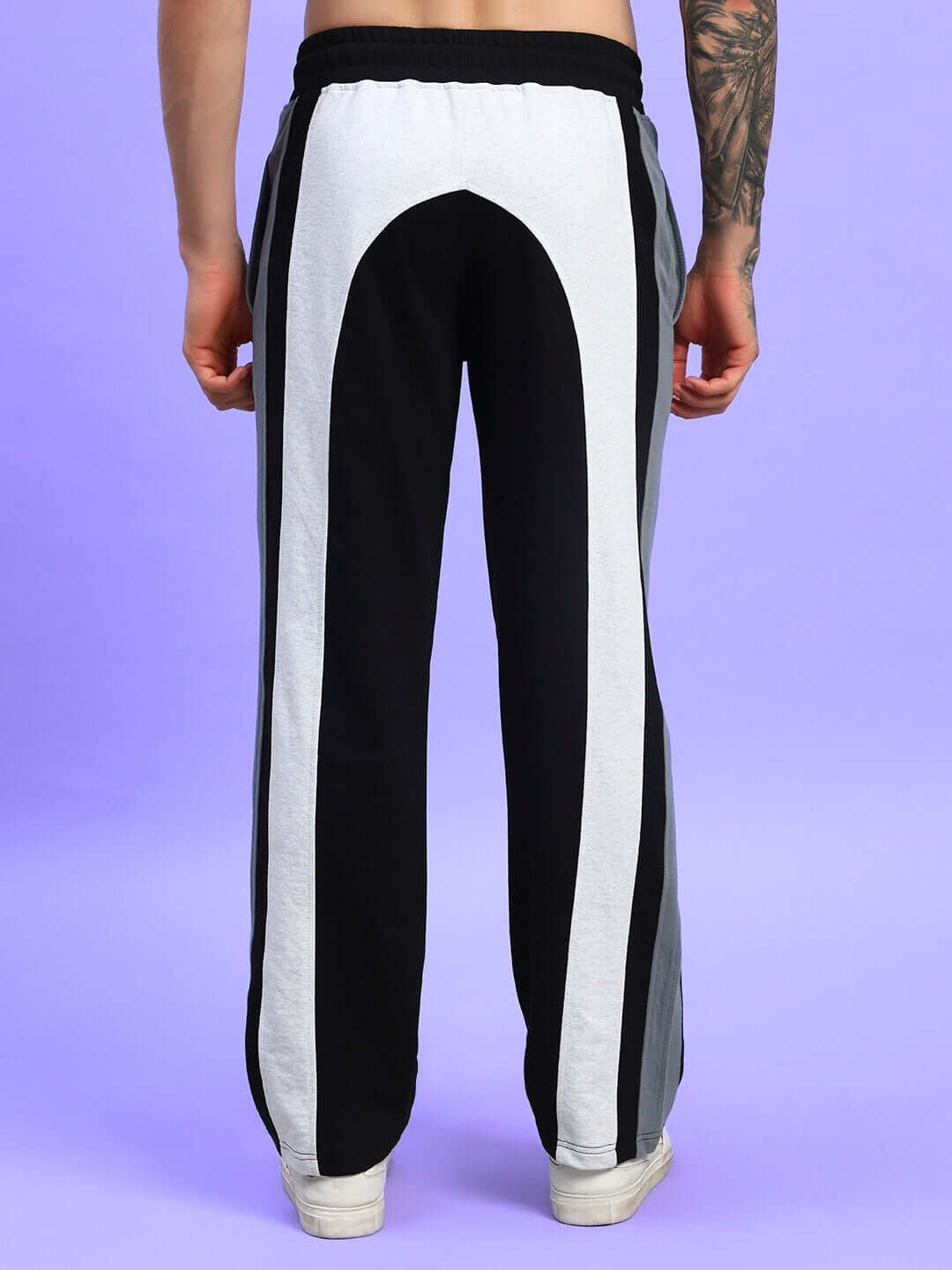 Rear view of Jamison Color Block Relaxed-Fit Joggers in black melange-grey, featuring stylish design and comfortable fit.