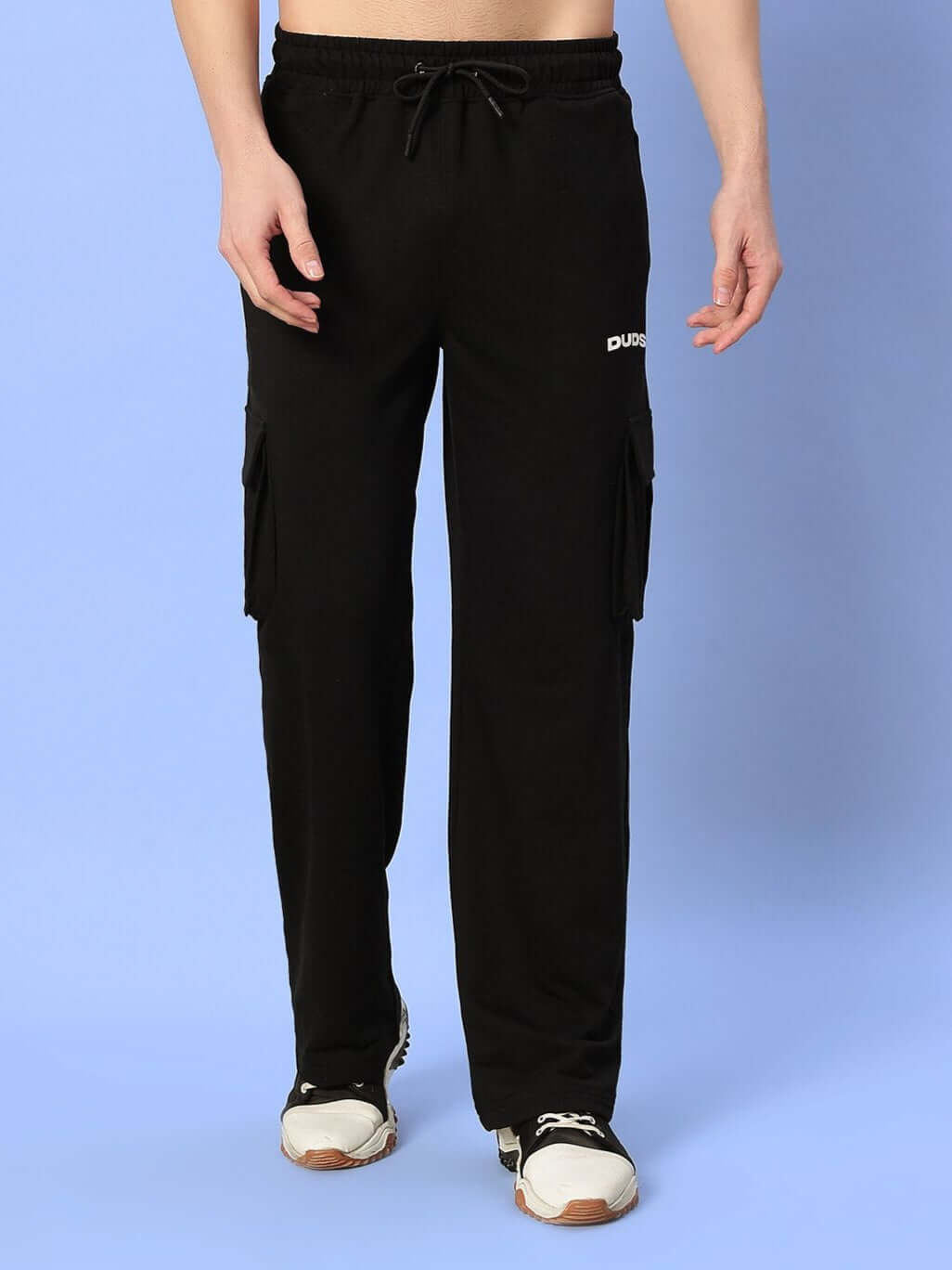 JESS black relaxed fit joggers featuring five pockets, designed for comfort and style, tailored by DUDS, available for custom fit orders.