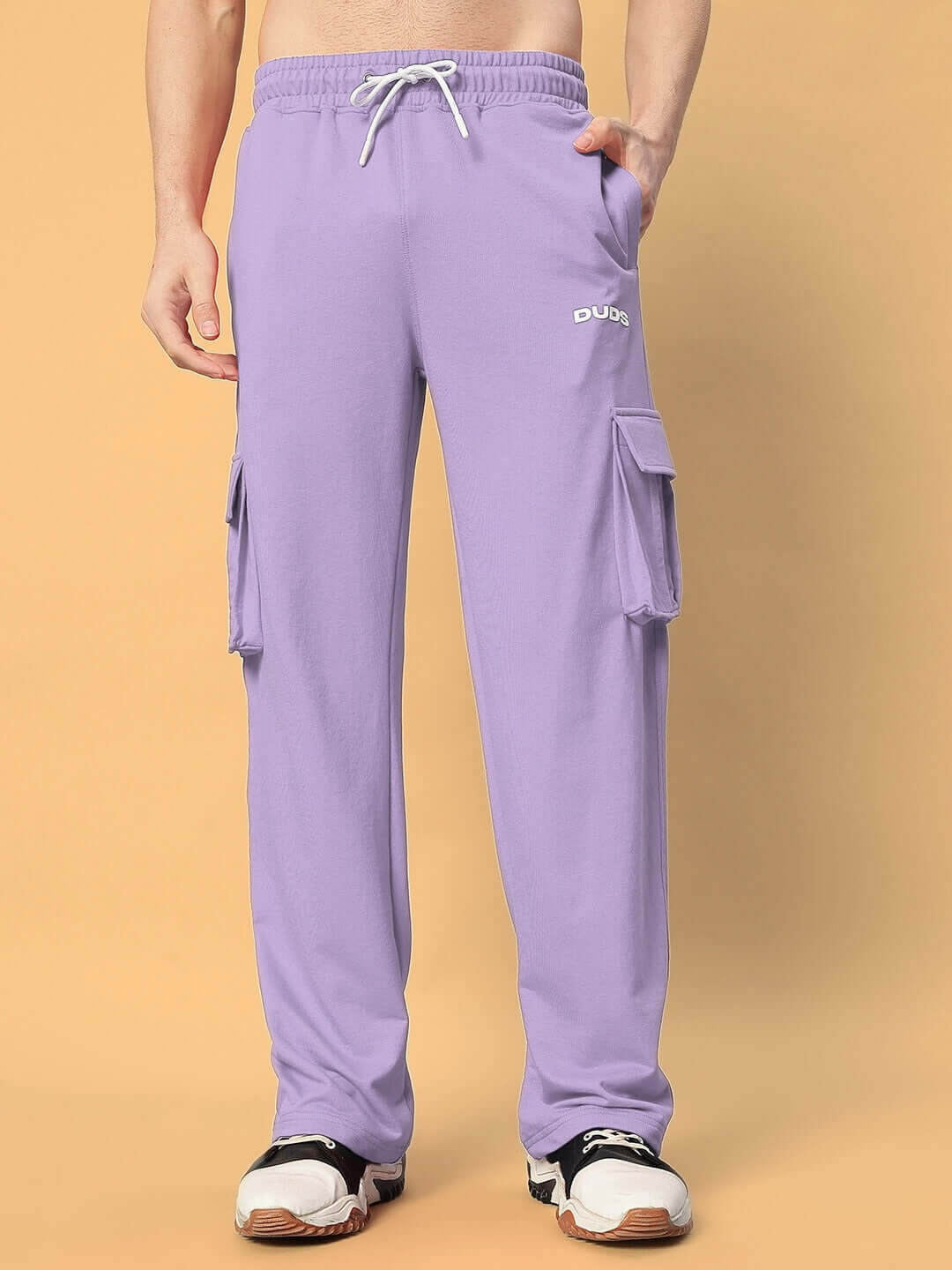 Lavender relaxed fit joggers with five pockets by DUDS, featuring a drawstring waist and made for custom fit orders.