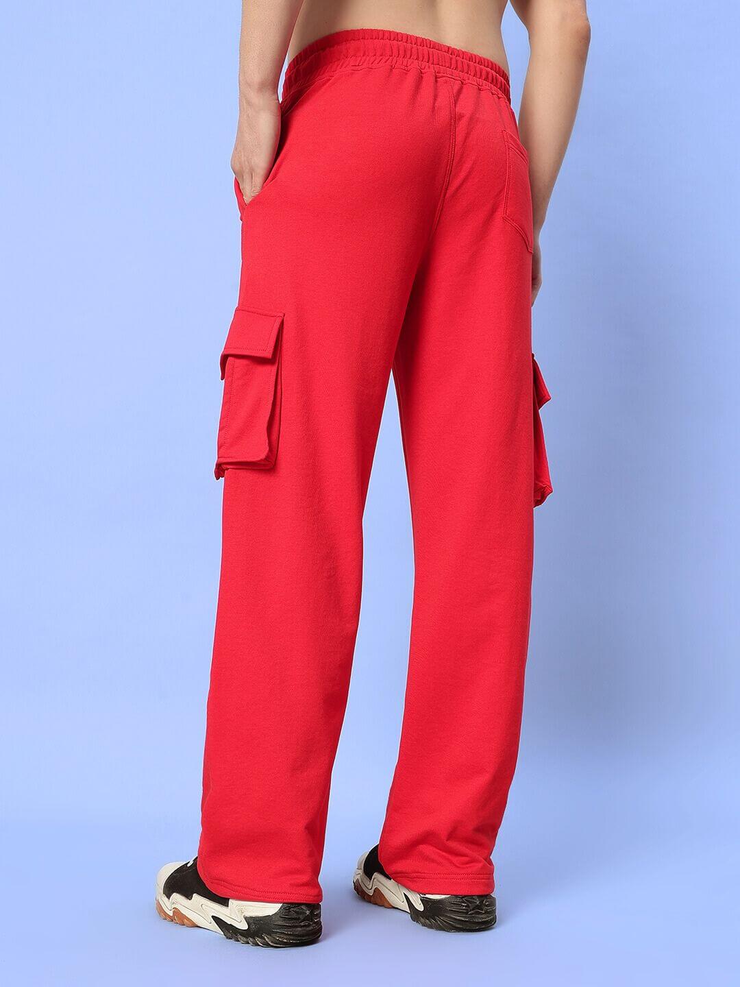 Back view of JESS 5 POCKET RELAXED FIT JOGGERS RED highlighting pocket details and relaxed fit design.