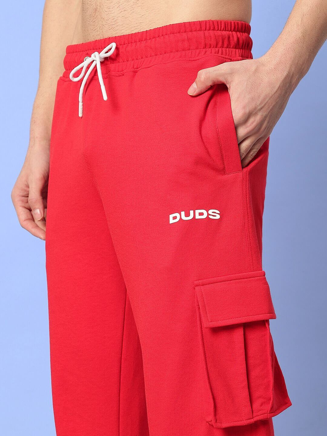 JESS 5 POCKET RELAXED FIT JOGGERS RED showcasing vibrant color and relaxed fit design with utility pockets.