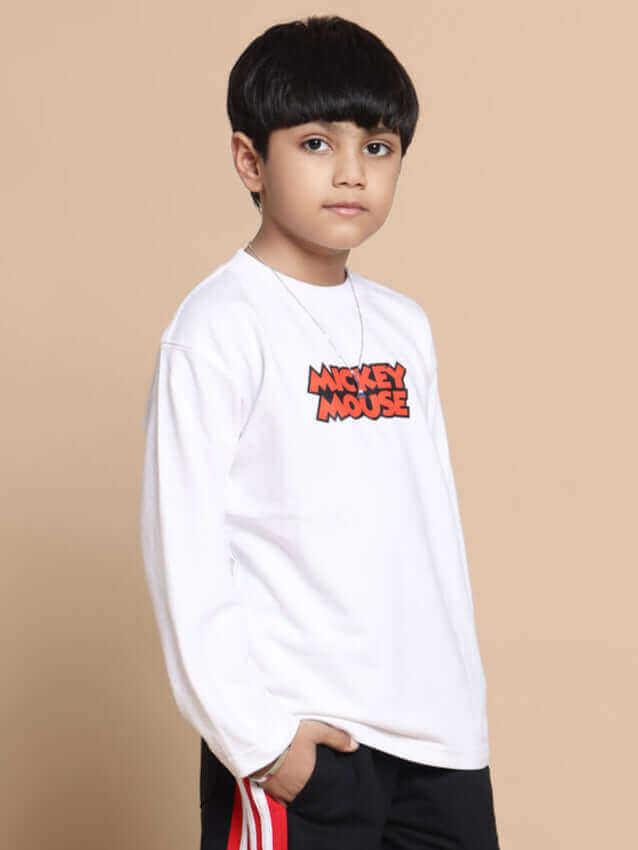 Child wearing a white Mickey Mouse sweatshirt with a relaxed fit and red accents, suitable for casual wear.
