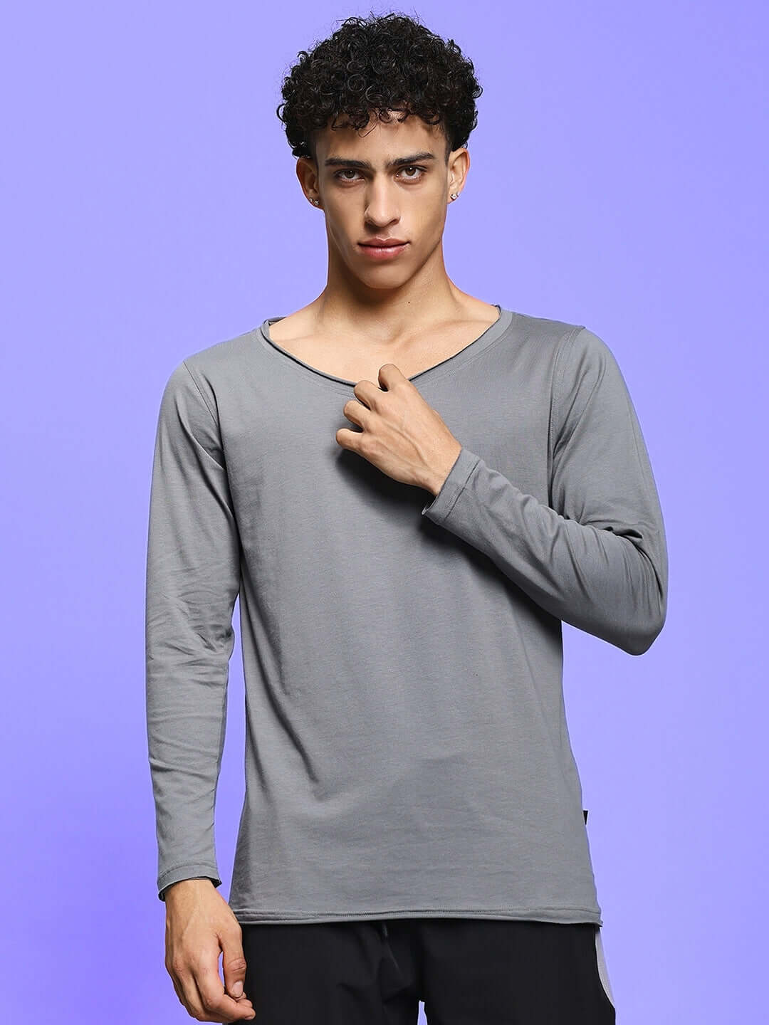 Model wearing grey JOEL Slim Fit Sweatshirt made from premium heavy gauge 100% cotton fabric, long sleeves, casual style.