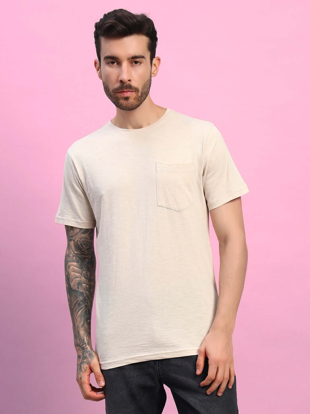 Model wearing JOY Regular Fit Beige T-Shirt made of premium heavy cotton slub fabric, perfect for casual wear.