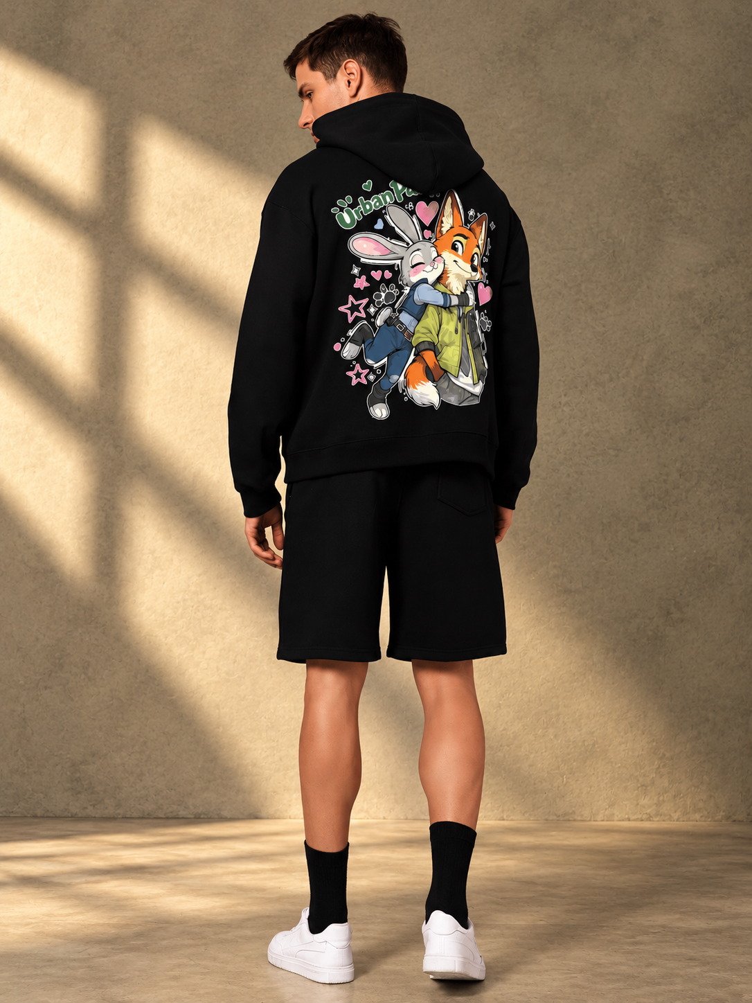 JUDY NICK ZOOTOPIA FLEECE CO-ORD BLACK unisex hoodie and shorts set with cartoon print, back view