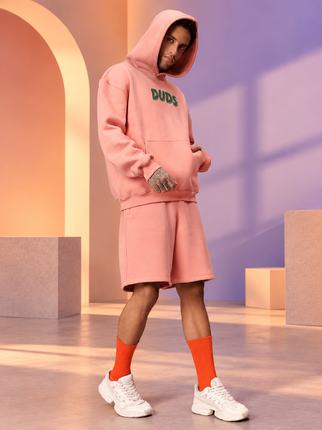 JUDY NICK ZOOTOPIA FLEECE CO-ORD PEACH unisex hoodie and shorts set styled for casual streetwear comfort