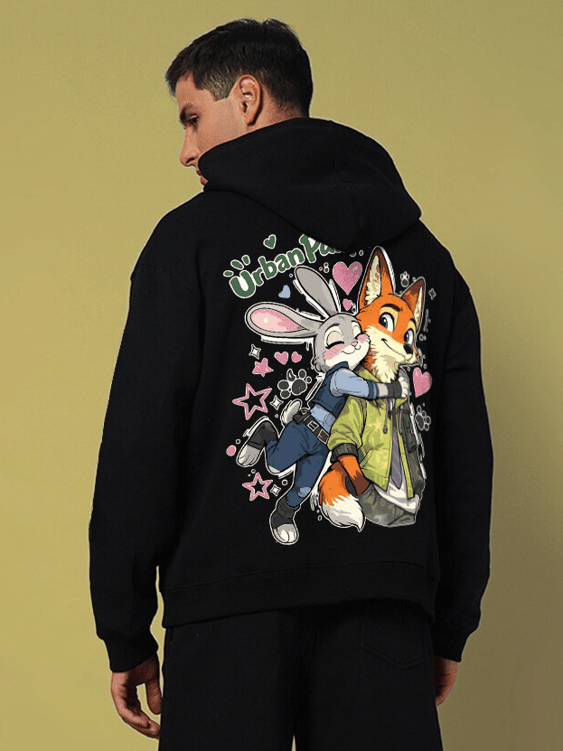 JUDY NICK ZOOTOPIA FLEECE HOODIE BLACK featuring Judy and Nick graphic on back, modern streetwear design, unisex, urban fashion