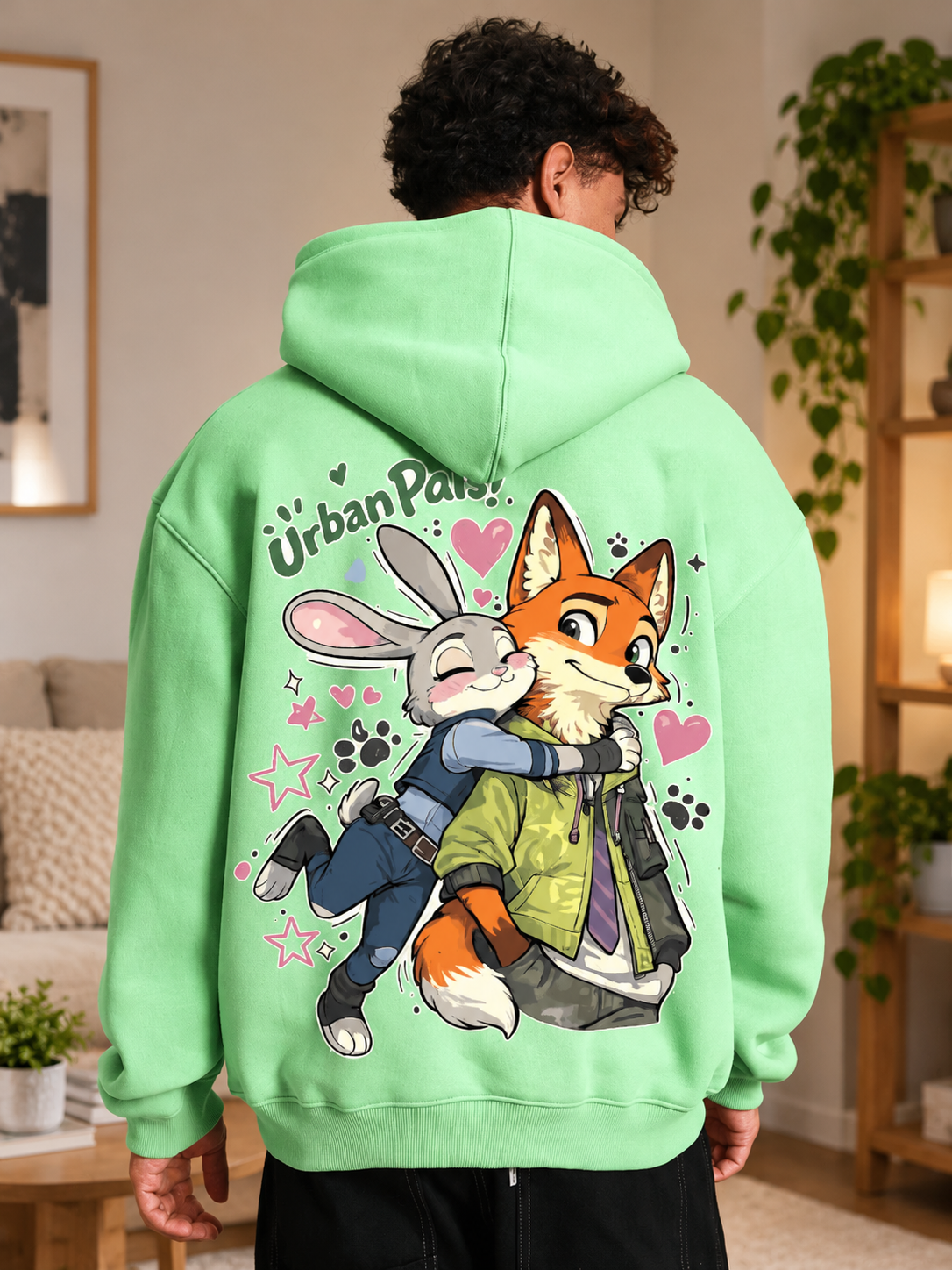 JUDY NICK ZOOTOPIA FLEECE HOODIE GREEN worn by man, featuring Urban Pals print for cozy unisex streetwear style