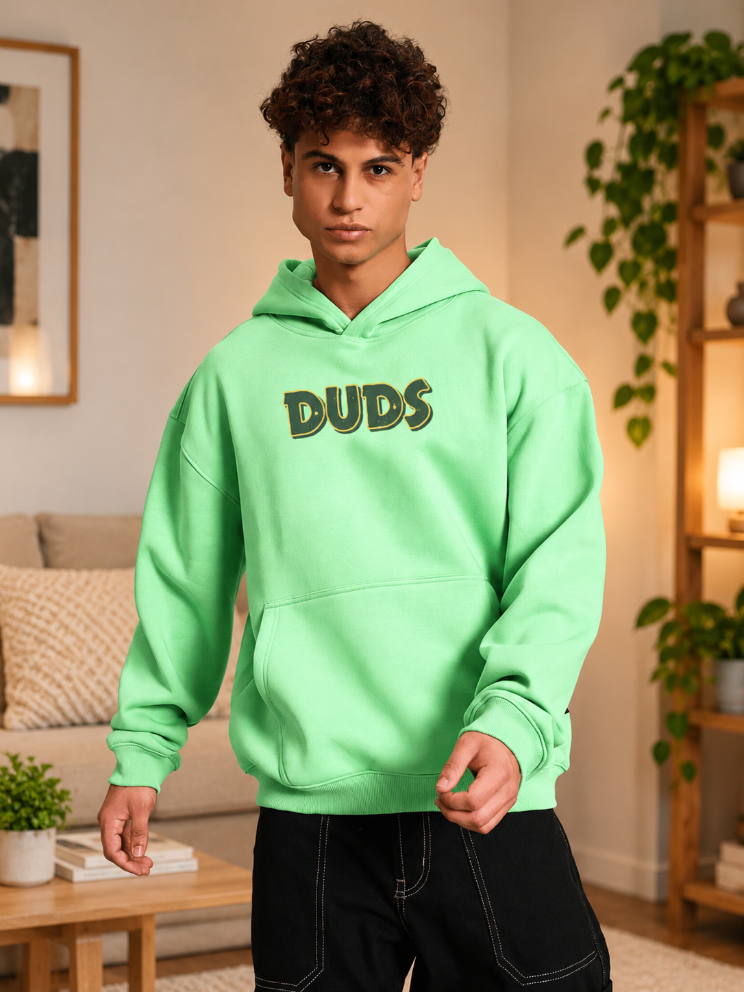 JUDY NICK ZOOTOPIA FLEECE HOODIE GREEN worn by man in cozy unisex streetwear style at home