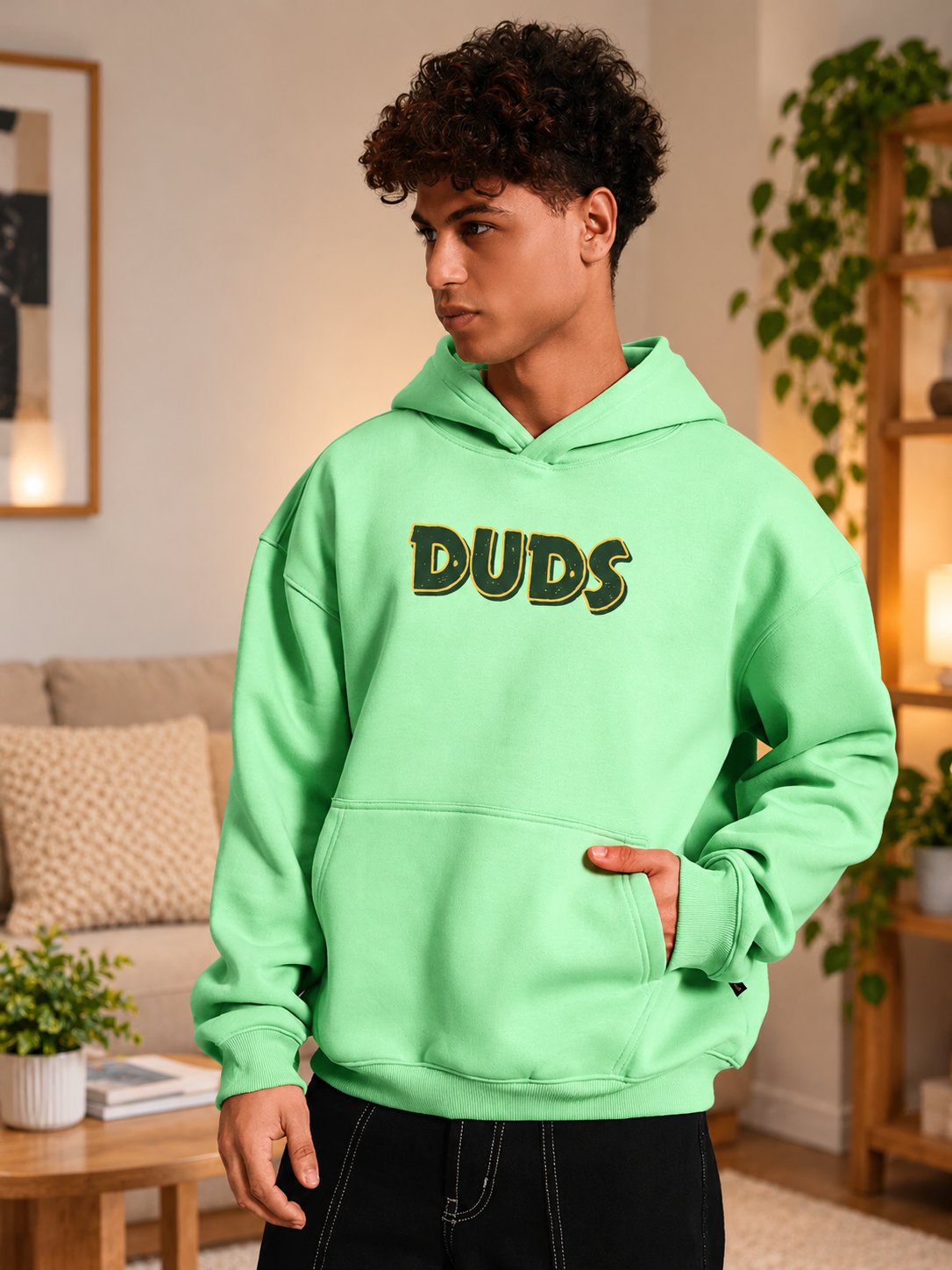 Man wearing JUDY NICK ZOOTOPIA FLEECE HOODIE GREEN with DUDS print, casual streetwear style indoors